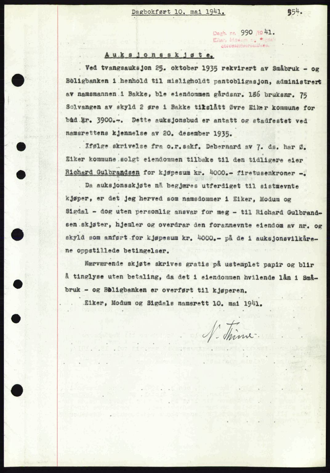 Eiker, Modum og Sigdal sorenskriveri, SAKO/A-123/G/Ga/Gab/L0043: Mortgage book no. A13, 1940-1941, Diary no: : 990/1941