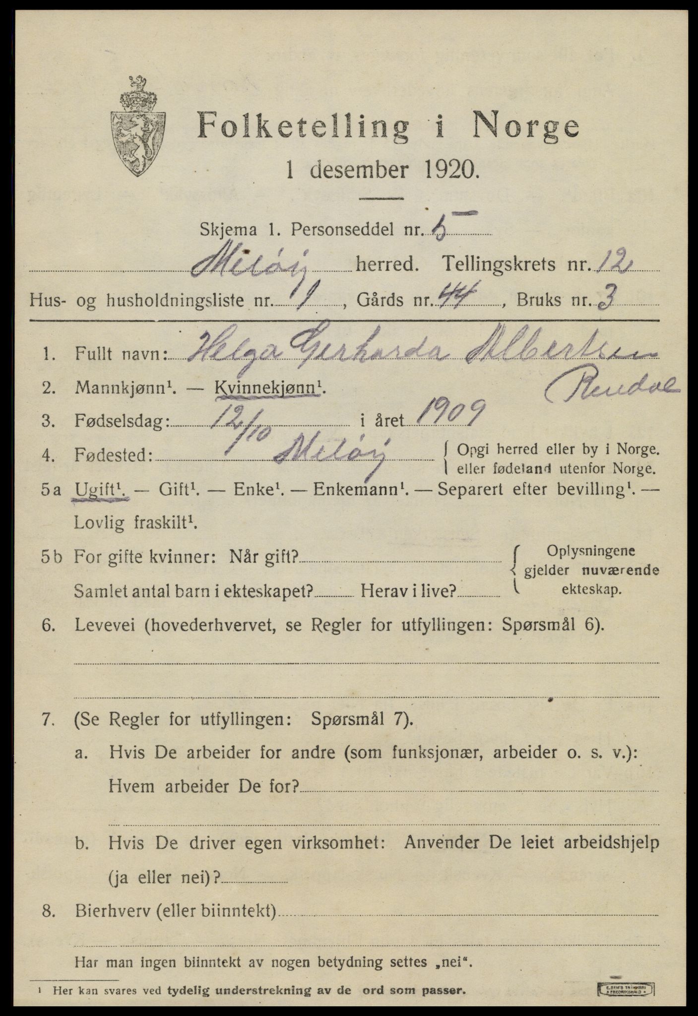 SAT, 1920 census for Meløy, 1920, p. 7609