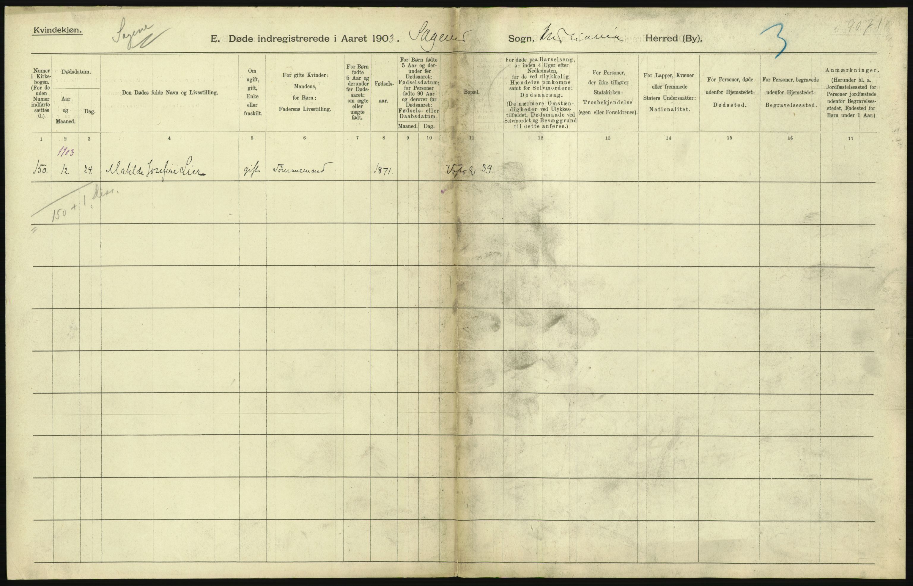 Statistisk sentralbyrå, Sosiodemografiske emner, Befolkning, AV/RA-S-2228/D/Df/Dfa/Dfaa/L0004: Kristiania: Gifte, døde, 1903, p. 67