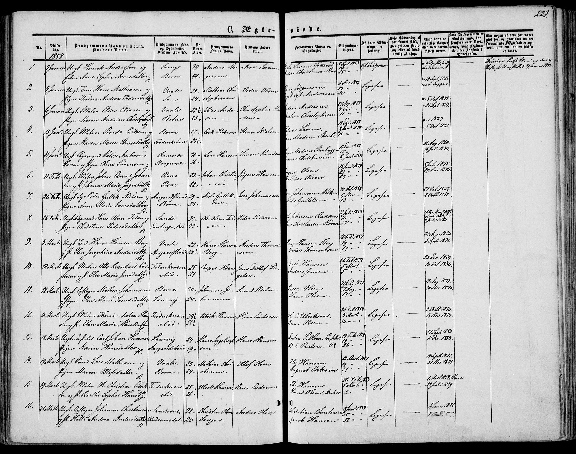 Borre kirkebøker, AV/SAKO-A-338/F/Fa/L0006: Parish register (official) no. I 6, 1852-1862, p. 223