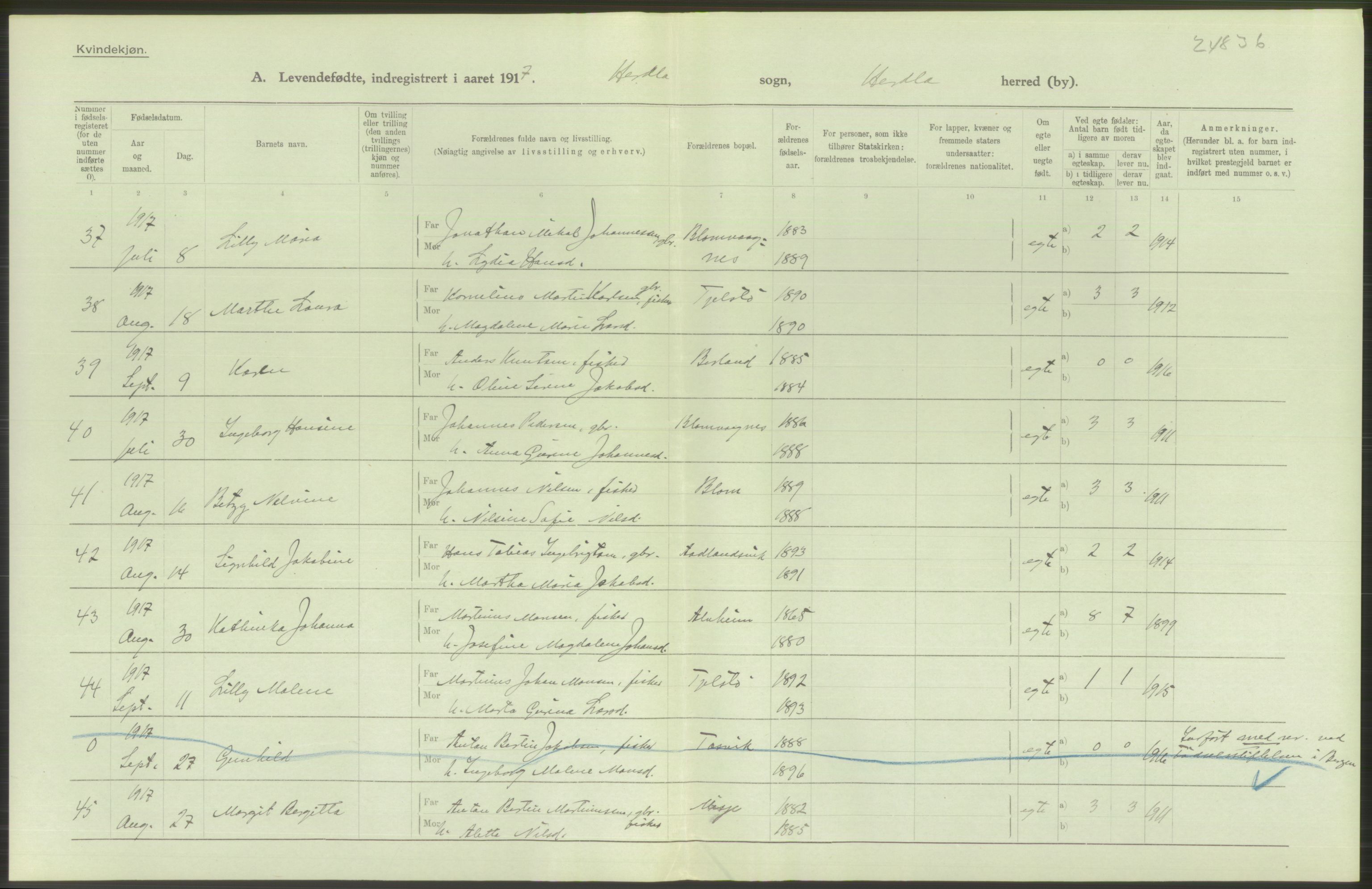 Statistisk sentralbyrå, Sosiodemografiske emner, Befolkning, AV/RA-S-2228/D/Df/Dfb/Dfbg/L0034: S. Bergenhus amt: Levendefødte menn og kvinner. Bygder., 1917, p. 136