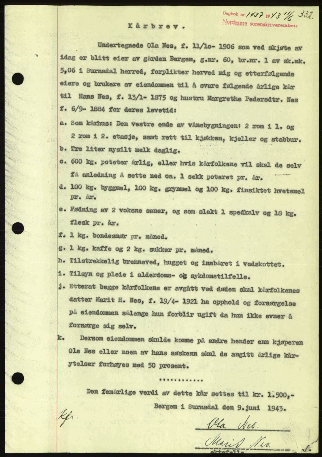 Nordmøre sorenskriveri, AV/SAT-A-4132/1/2/2Ca: Mortgage book no. B90, 1942-1943, Diary no: : 1437/1943