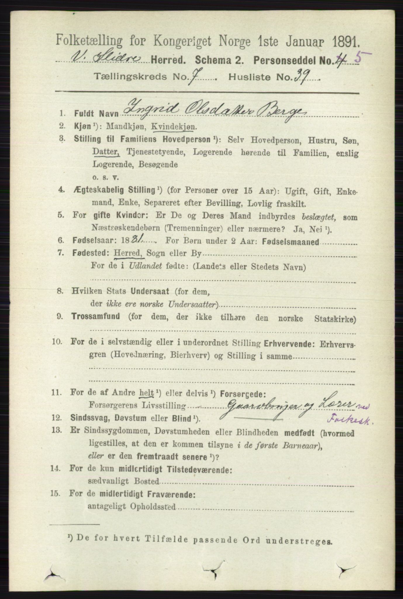 RA, 1891 census for 0543 Vestre Slidre, 1891, p. 2803