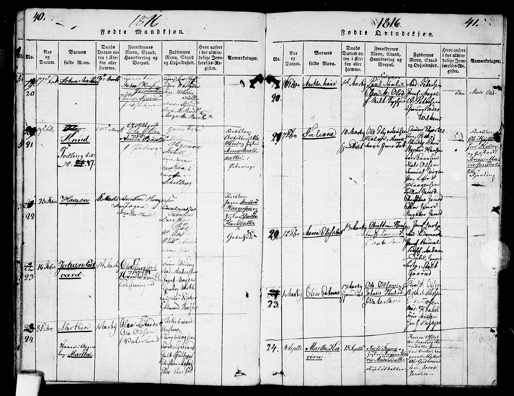 Garnisonsmenigheten Kirkebøker, AV/SAO-A-10846/G/Ga/L0003: Parish register (copy) no. 3, 1815-1819, p. 40-41