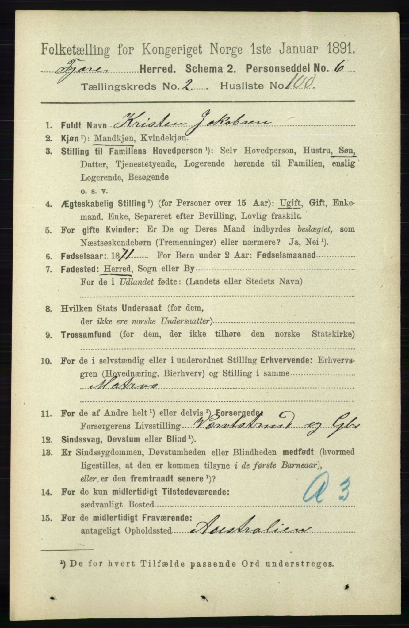 RA, 1891 census for 0923 Fjære, 1891, p. 1302