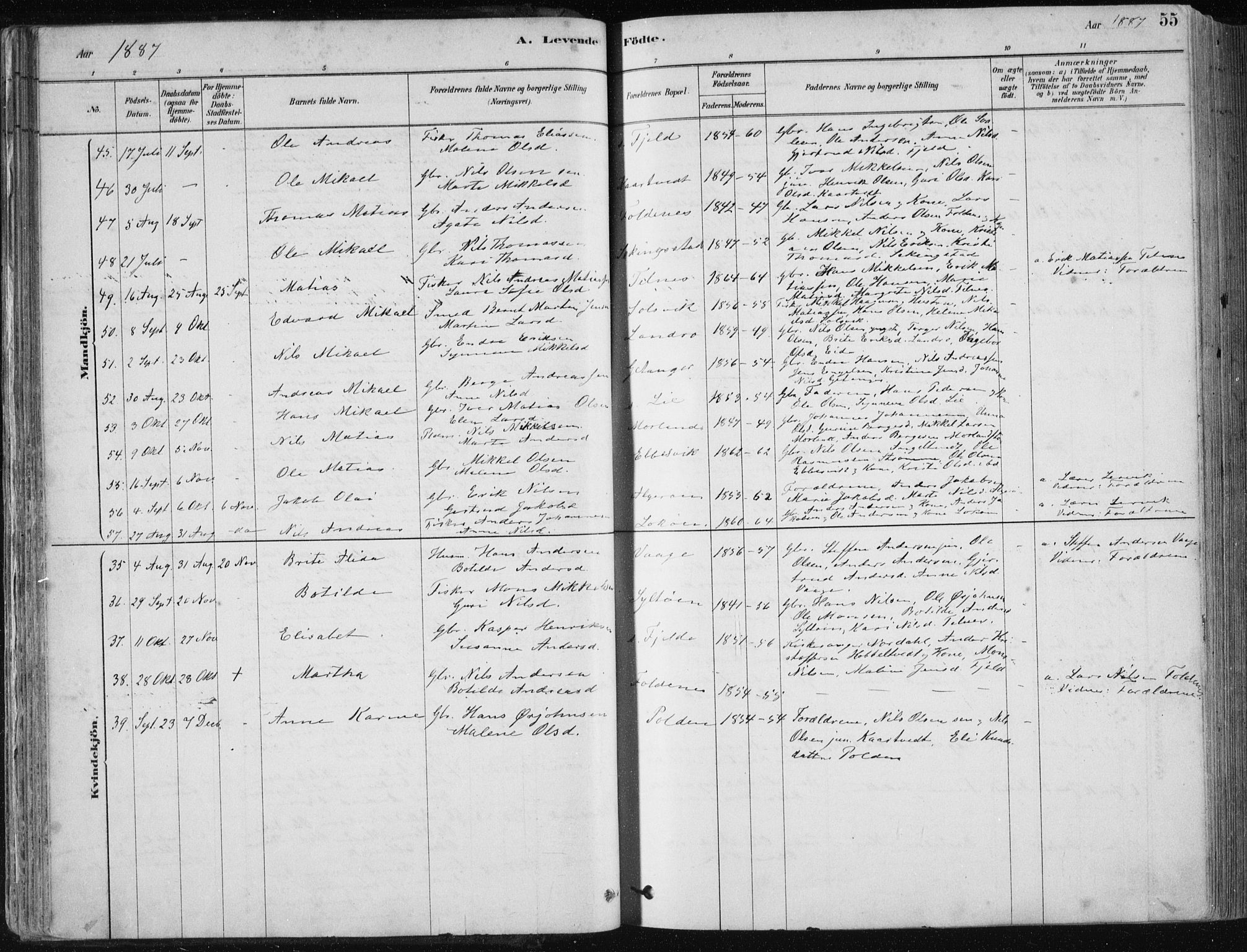 Fjell sokneprestembete, SAB/A-75301/H/Haa: Parish register (official) no. A  8, 1878-1898, p. 55