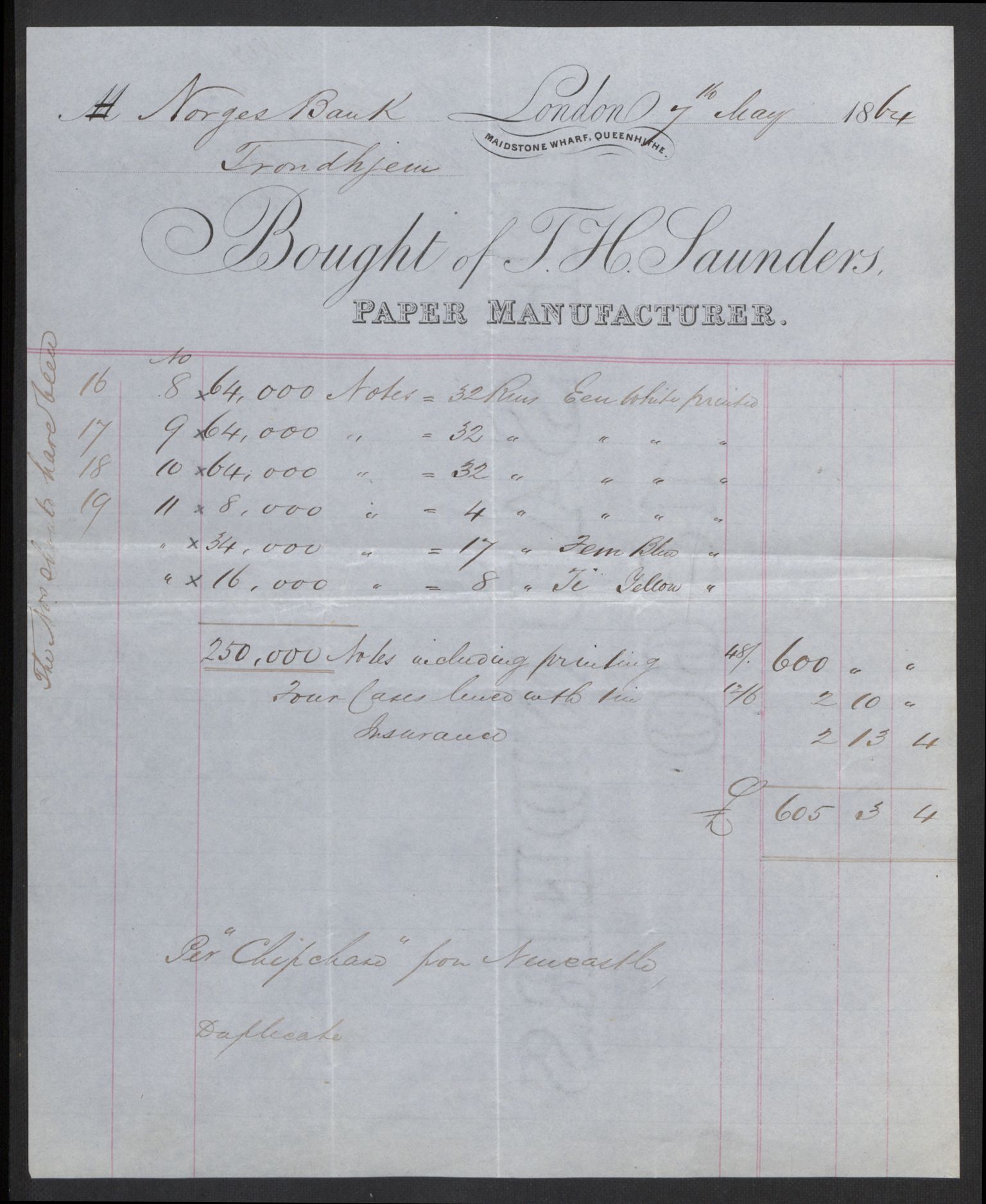 Norges Bank, Direksjonsarkivet III, AV/RA-S-6187/D/Dd/L0007/0001: Korrespondanse vedrørende sedler og penger. / Seddeltrykkeriet. Korrespondanse T.H.  Saunders. London, 1864-1877