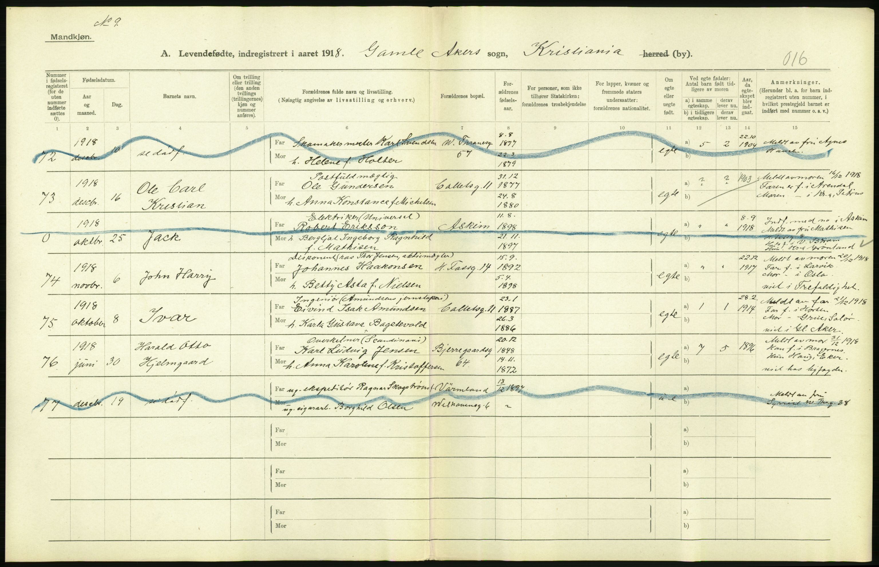 Statistisk sentralbyrå, Sosiodemografiske emner, Befolkning, RA/S-2228/D/Df/Dfb/Dfbh/L0008: Kristiania: Levendefødte menn og kvinner., 1918, p. 92