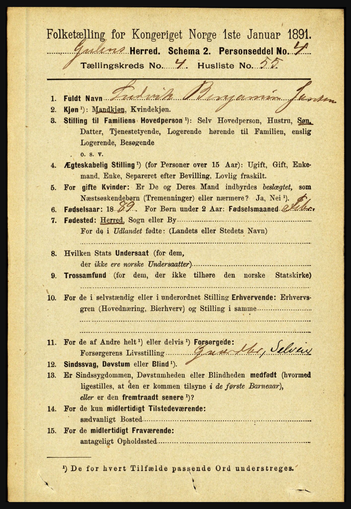 RA, 1891 census for 1411 Gulen, 1891, p. 1610