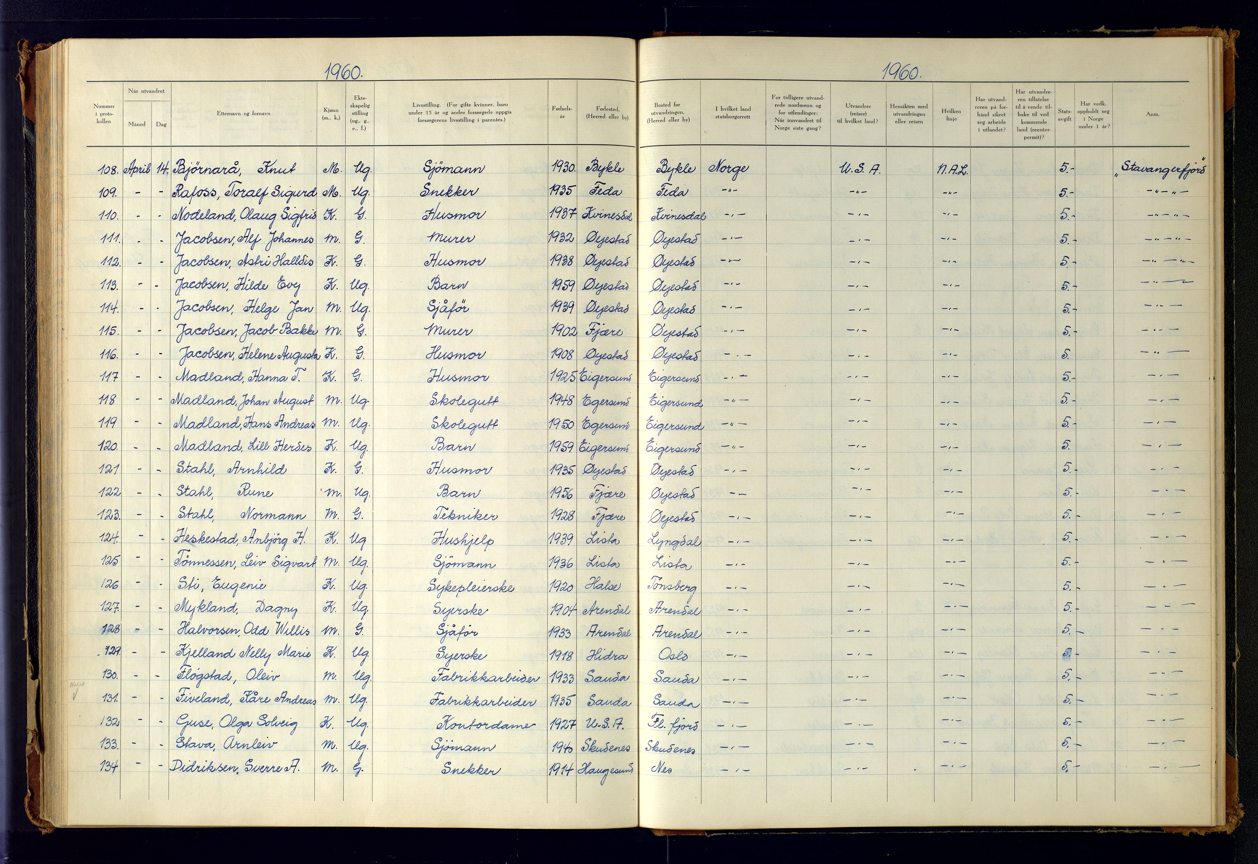 Kristiansand politikammer, AV/SAK-1243-0004/K/Kb/L0249: Emigrantprotokoll, 1951-1961, p. 171