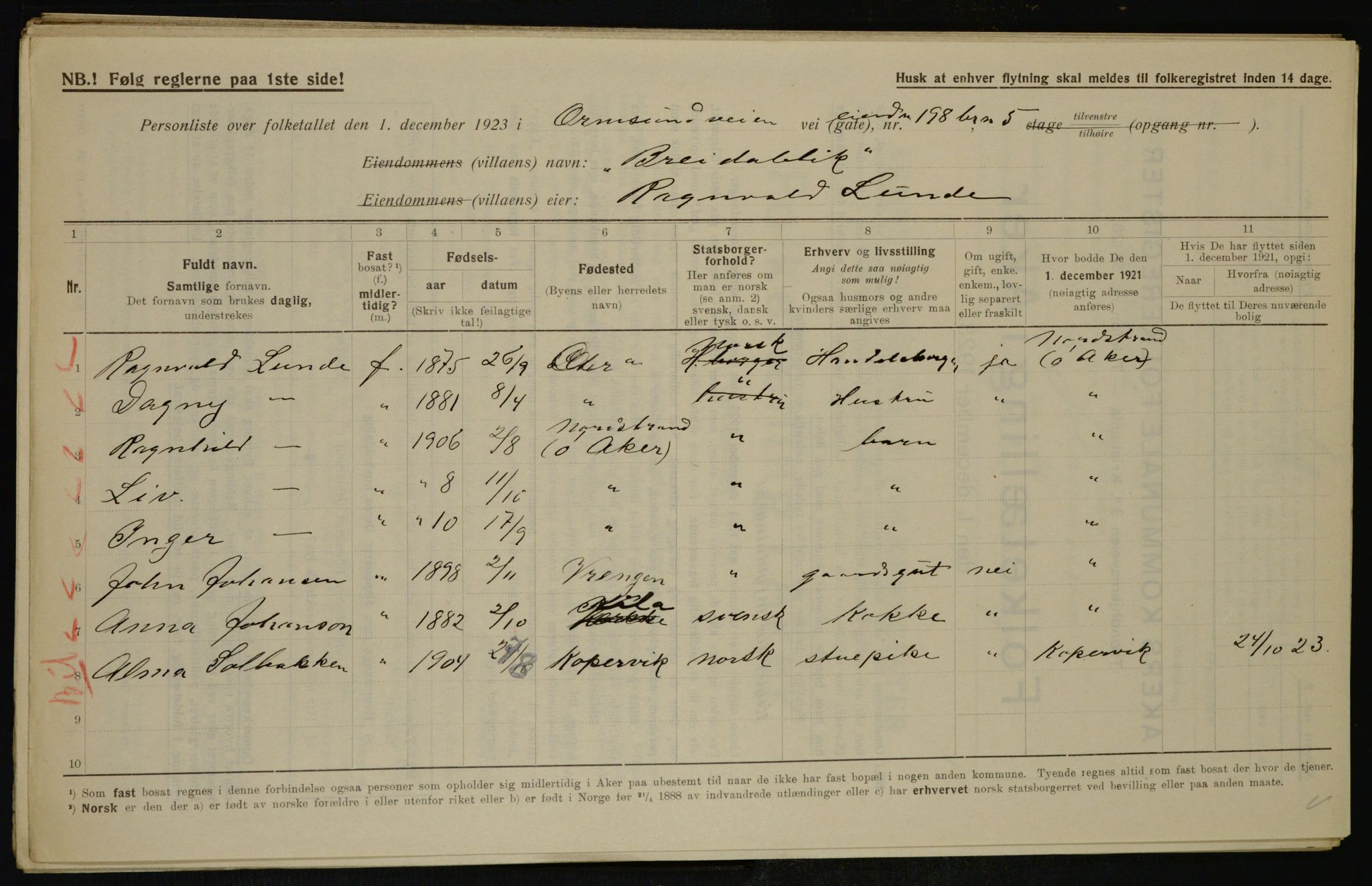 , Municipal Census 1923 for Aker, 1923, p. 43213