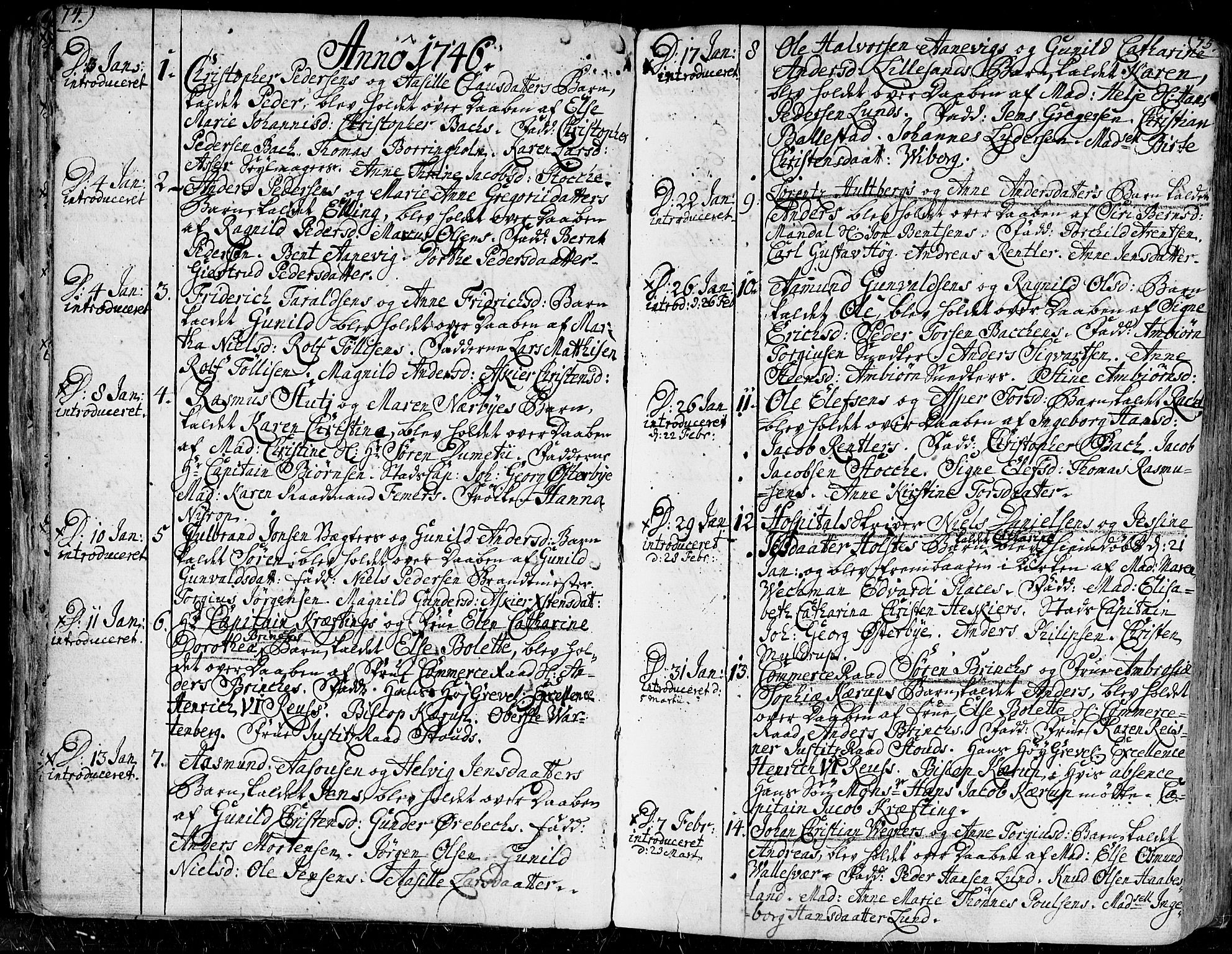 Kristiansand domprosti, SAK/1112-0006/F/Fa/L0001: Parish register (official) no. A 1, 1734-1793, p. 74-75