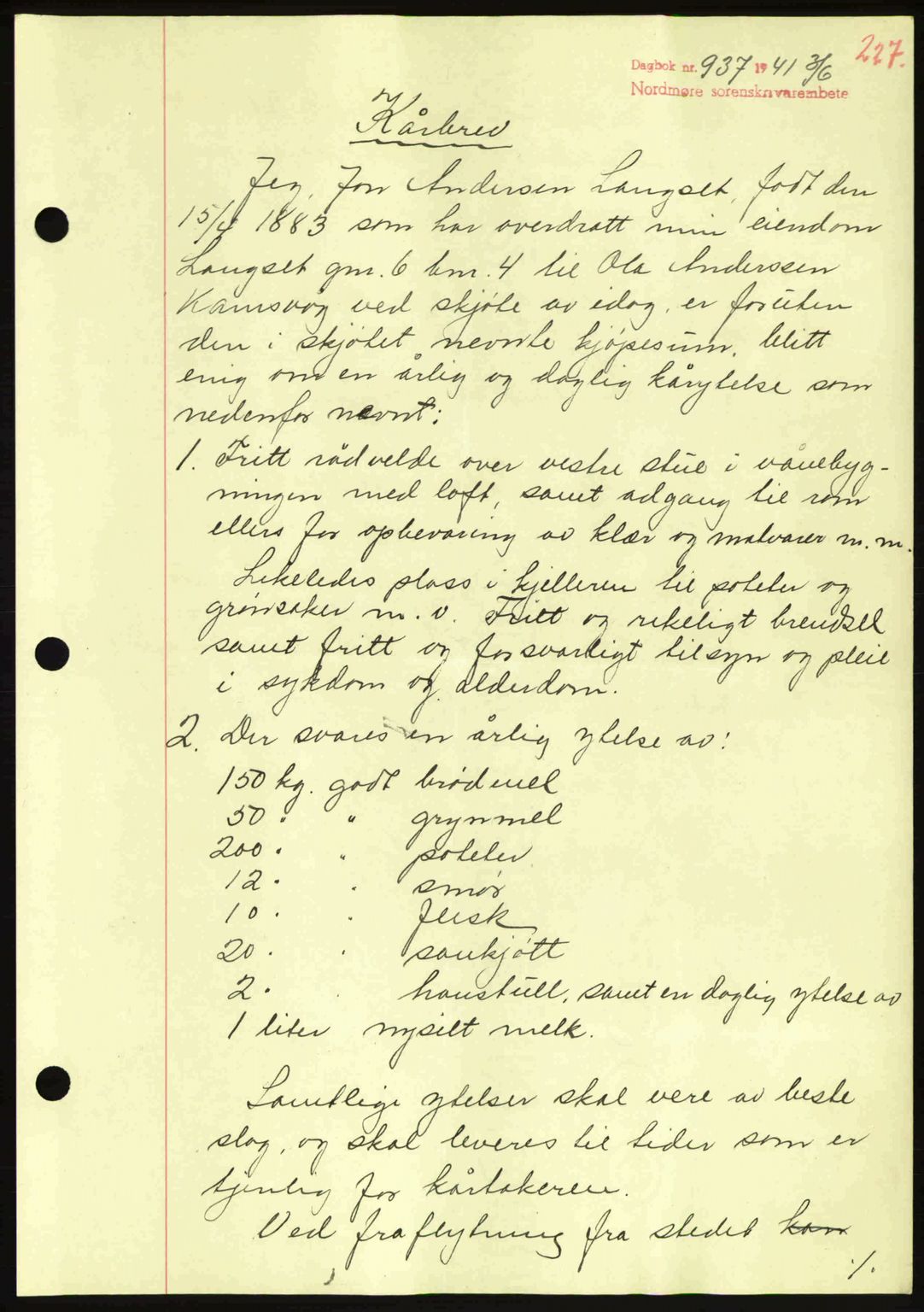 Nordmøre sorenskriveri, SAT/A-4132/1/2/2Ca: Mortgage book no. A90, 1941-1941, Diary no: : 937/1941