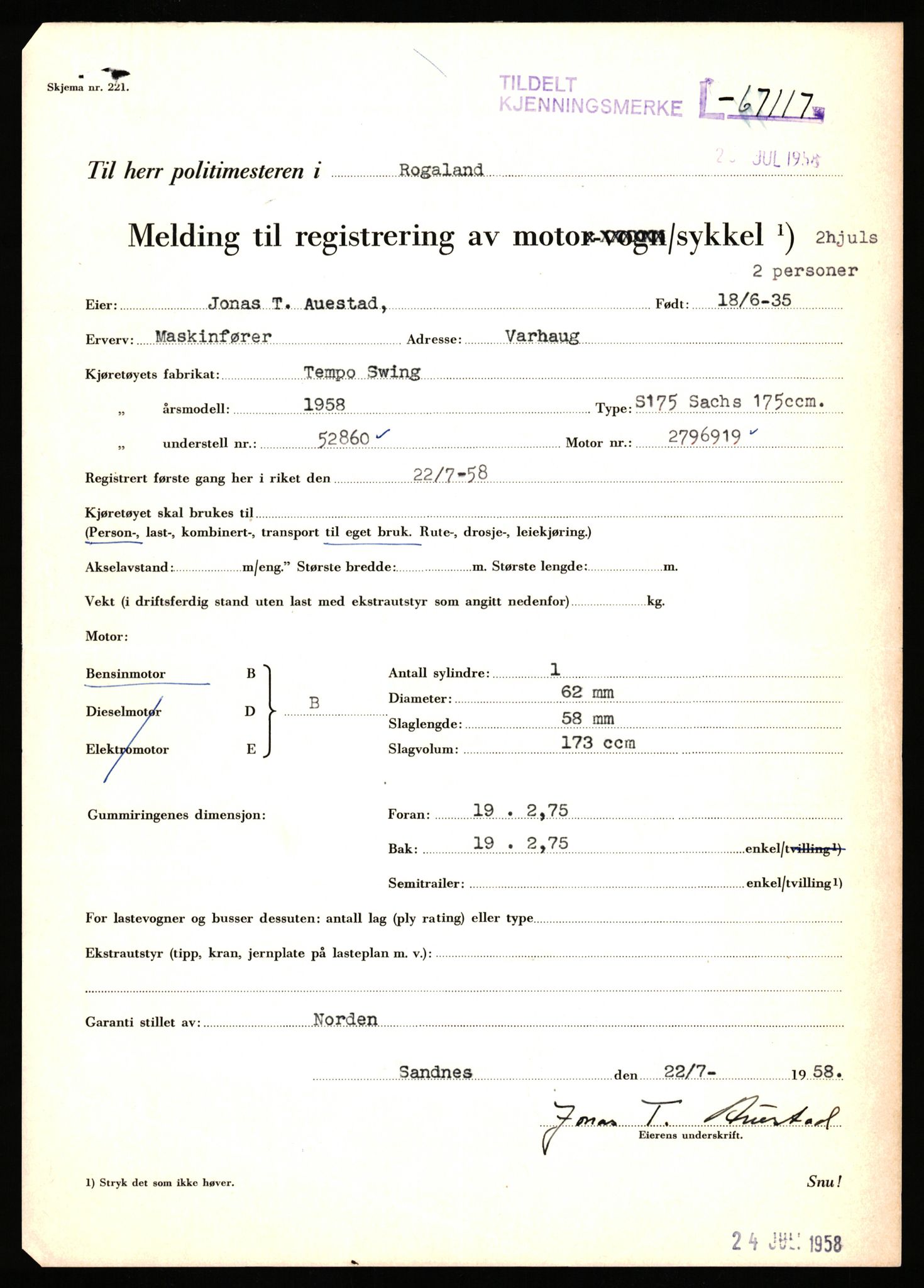 Stavanger trafikkstasjon, AV/SAST-A-101942/0/F/L0065: L-65400 - L-67649, 1930-1971, p. 509