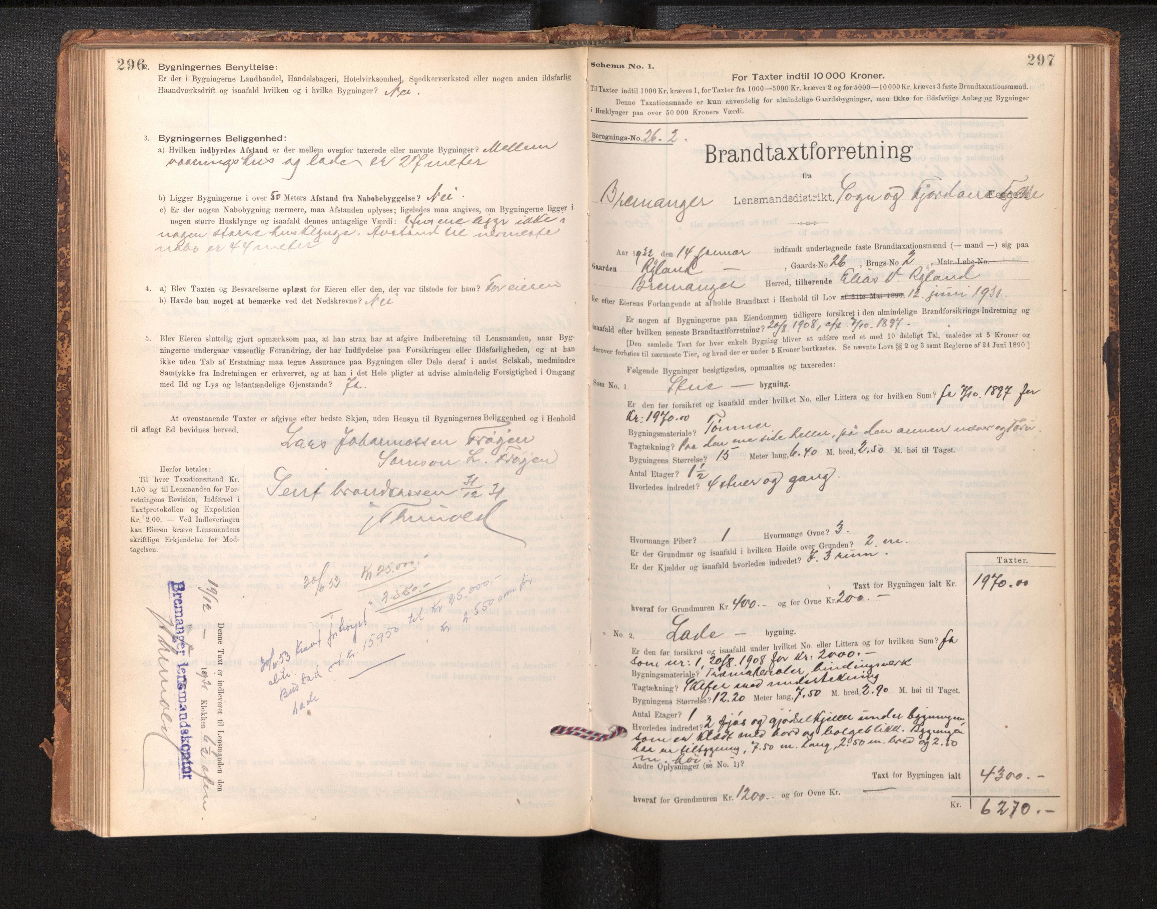 Lensmannen i Bremanger, SAB/A-26701/0012/L0007: Branntakstprotokoll, skjematakst, 1895-1936, p. 296-297