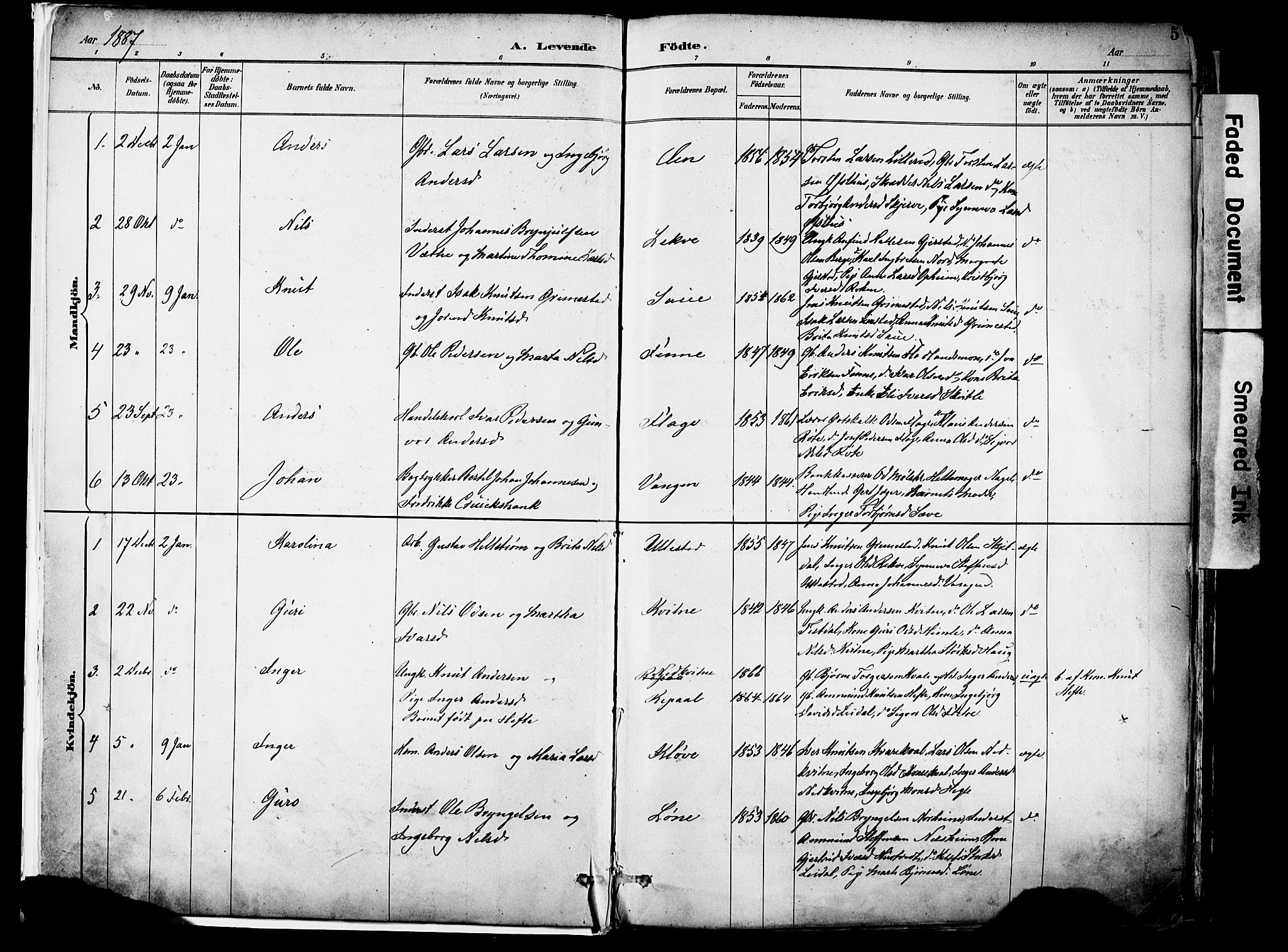 Voss sokneprestembete, SAB/A-79001/H/Haa: Parish register (official) no. A 21, 1887-1903, p. 5