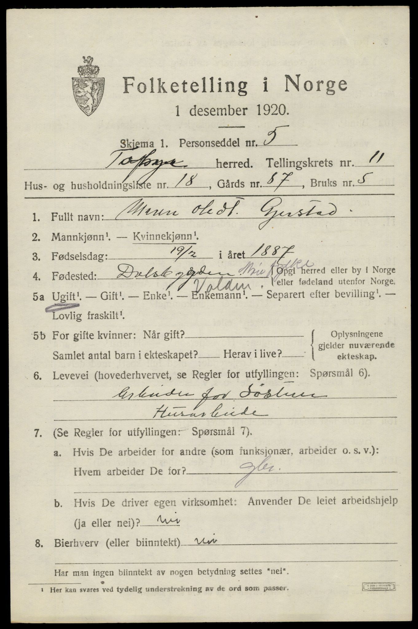 SAH, 1920 census for Tolga, 1920, p. 5445