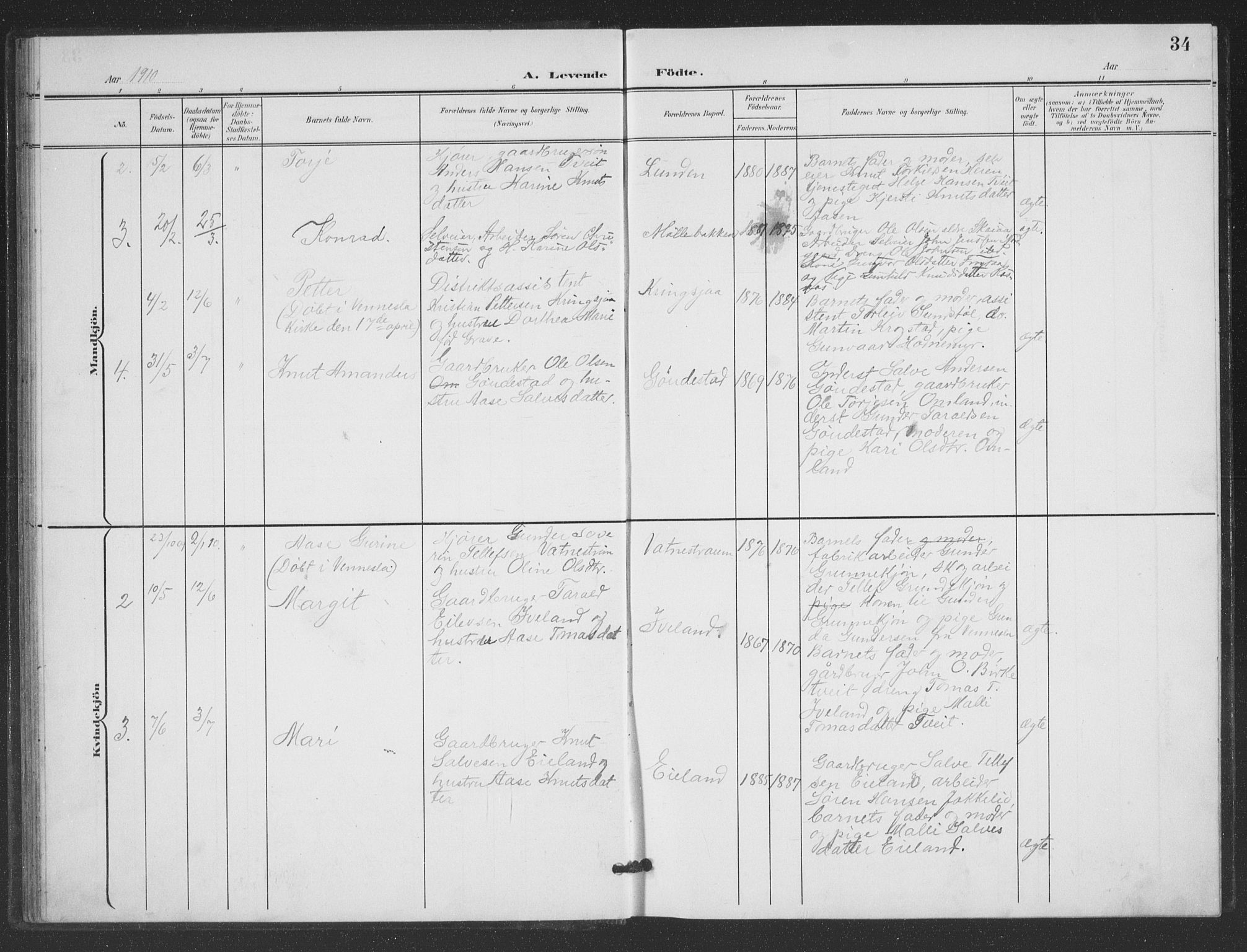 Evje sokneprestkontor, AV/SAK-1111-0008/F/Fb/Fbc/L0005: Parish register (copy) no. B 5, 1901-1935, p. 34