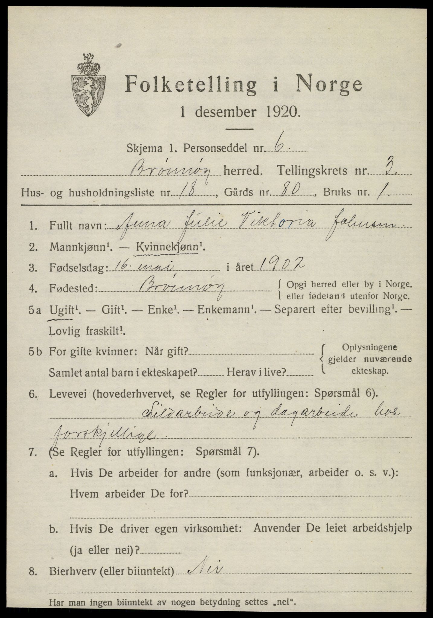 SAT, 1920 census for Brønnøy, 1920, p. 2748