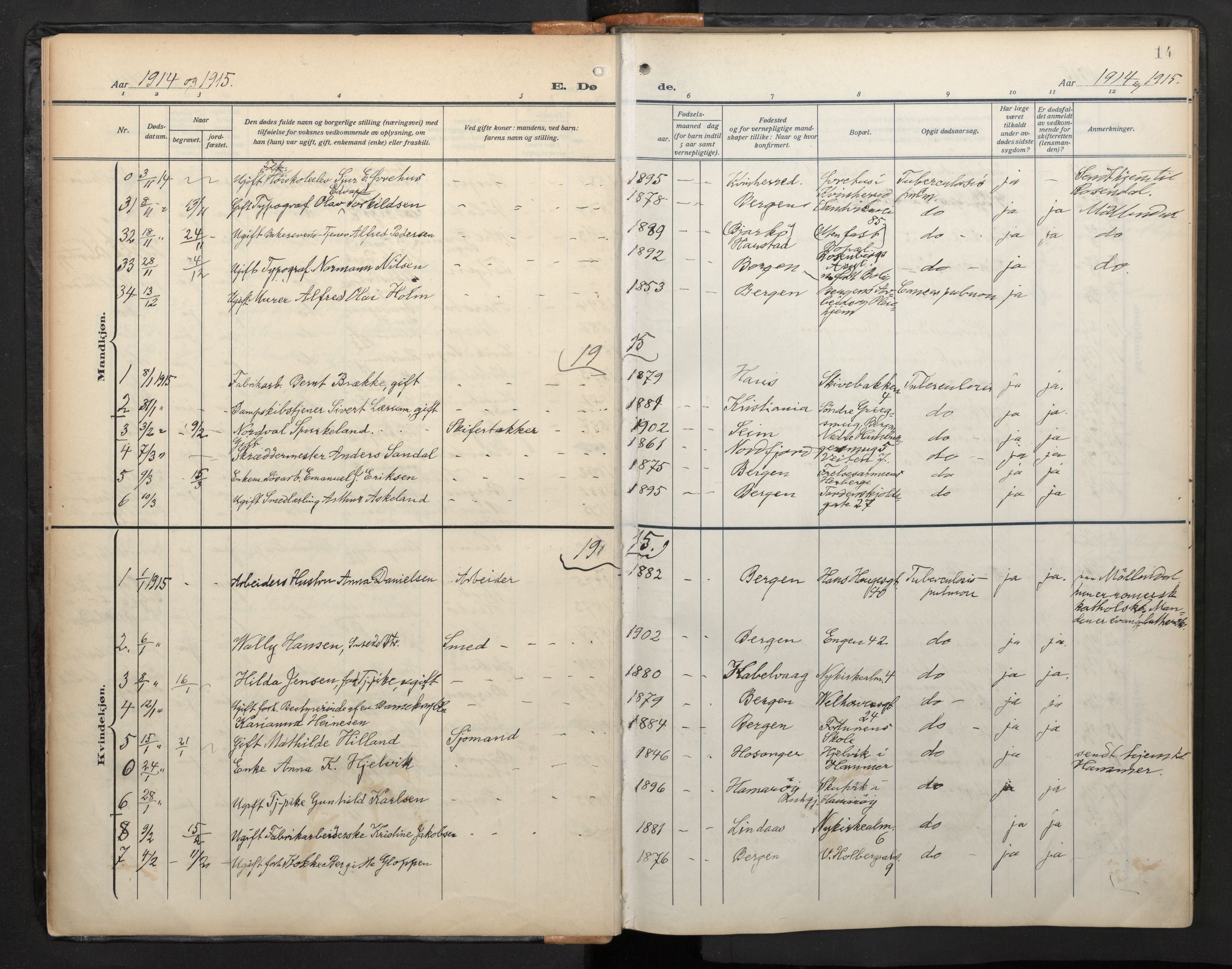 Arkivreferanse mangler*, SAB/-: Parish register (official) no. A 1, 1912-1957, p. 13b-14a