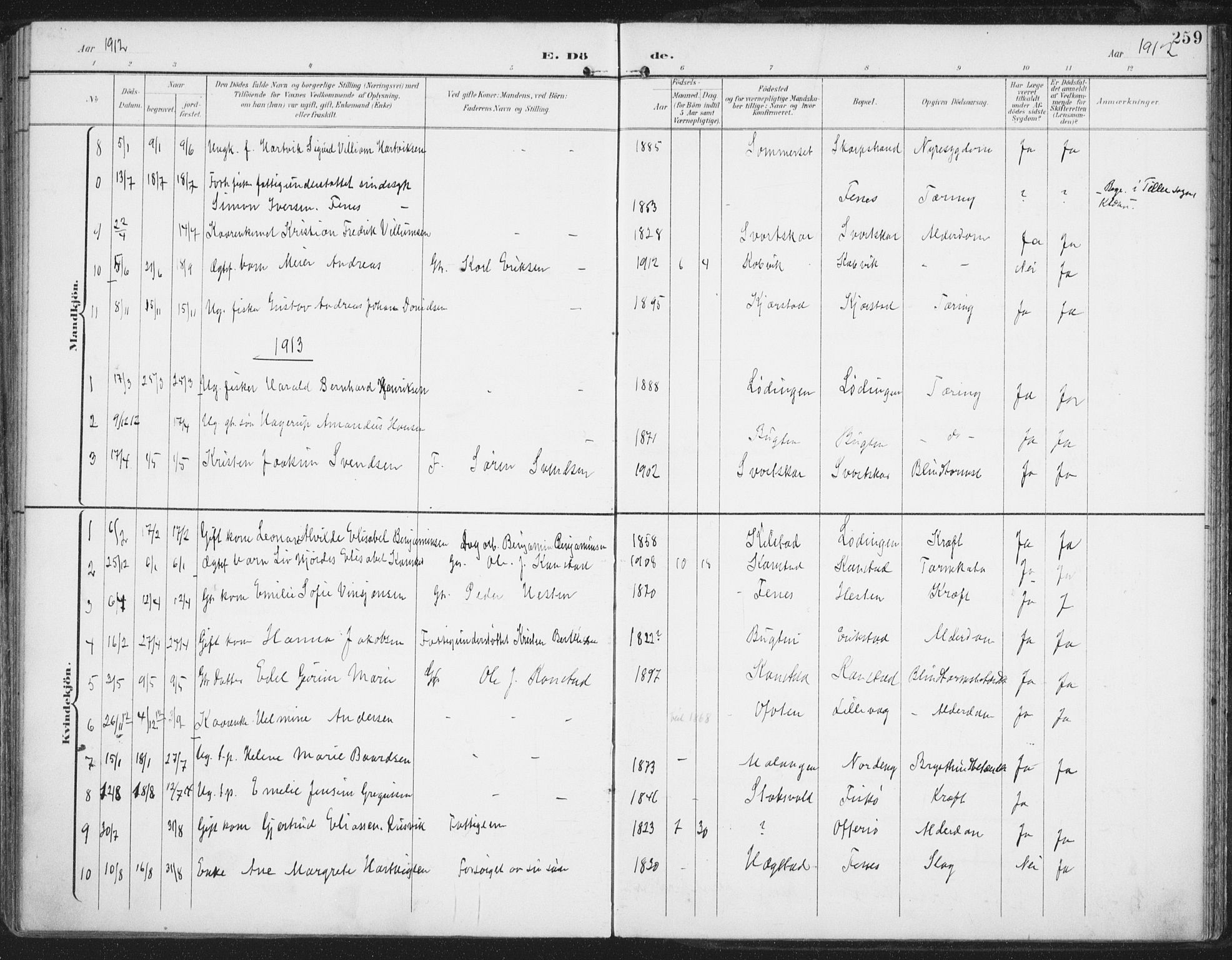 Ministerialprotokoller, klokkerbøker og fødselsregistre - Nordland, AV/SAT-A-1459/872/L1036: Parish register (official) no. 872A11, 1897-1913, p. 259