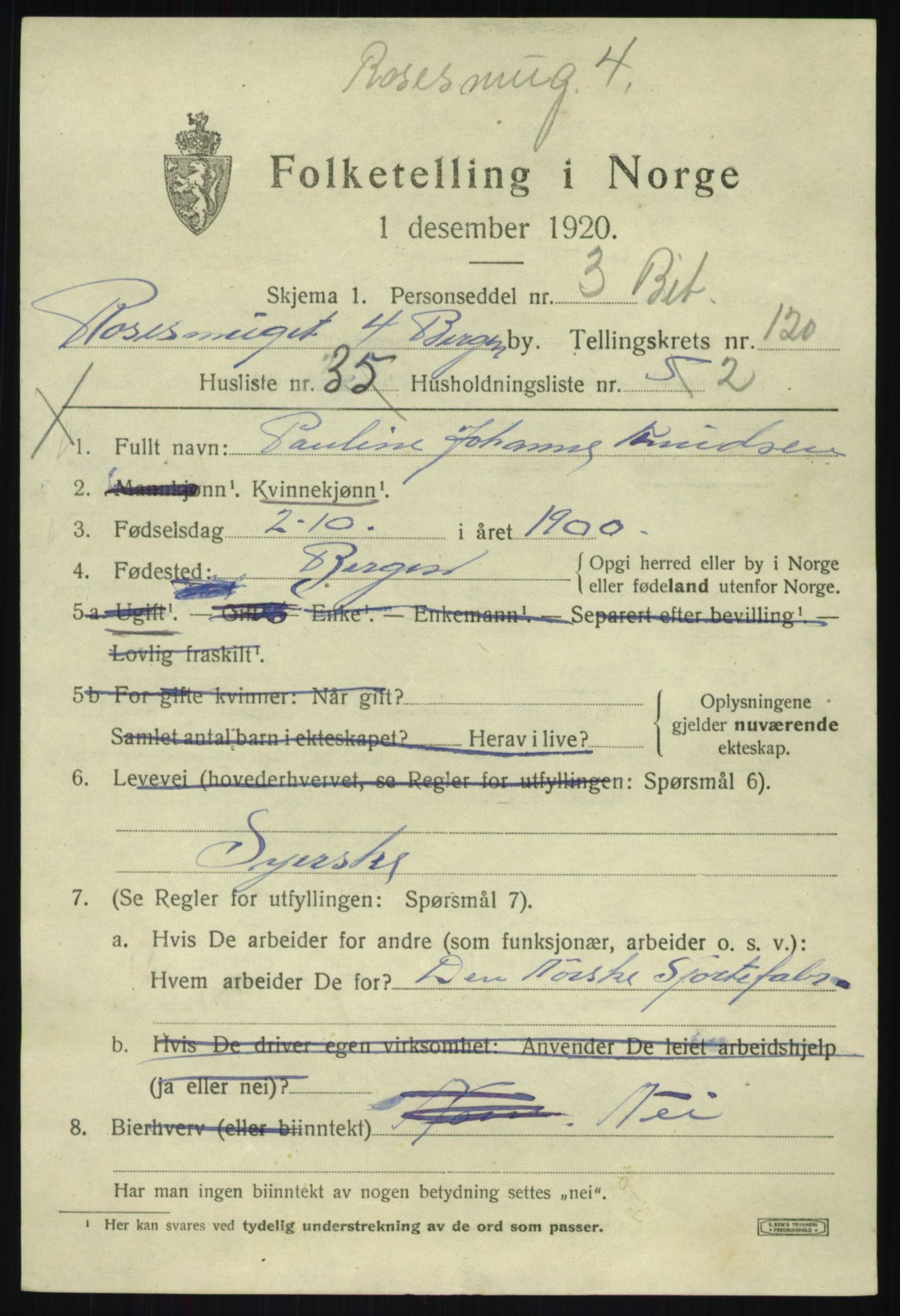 SAB, 1920 census for Bergen, 1920, p. 202030