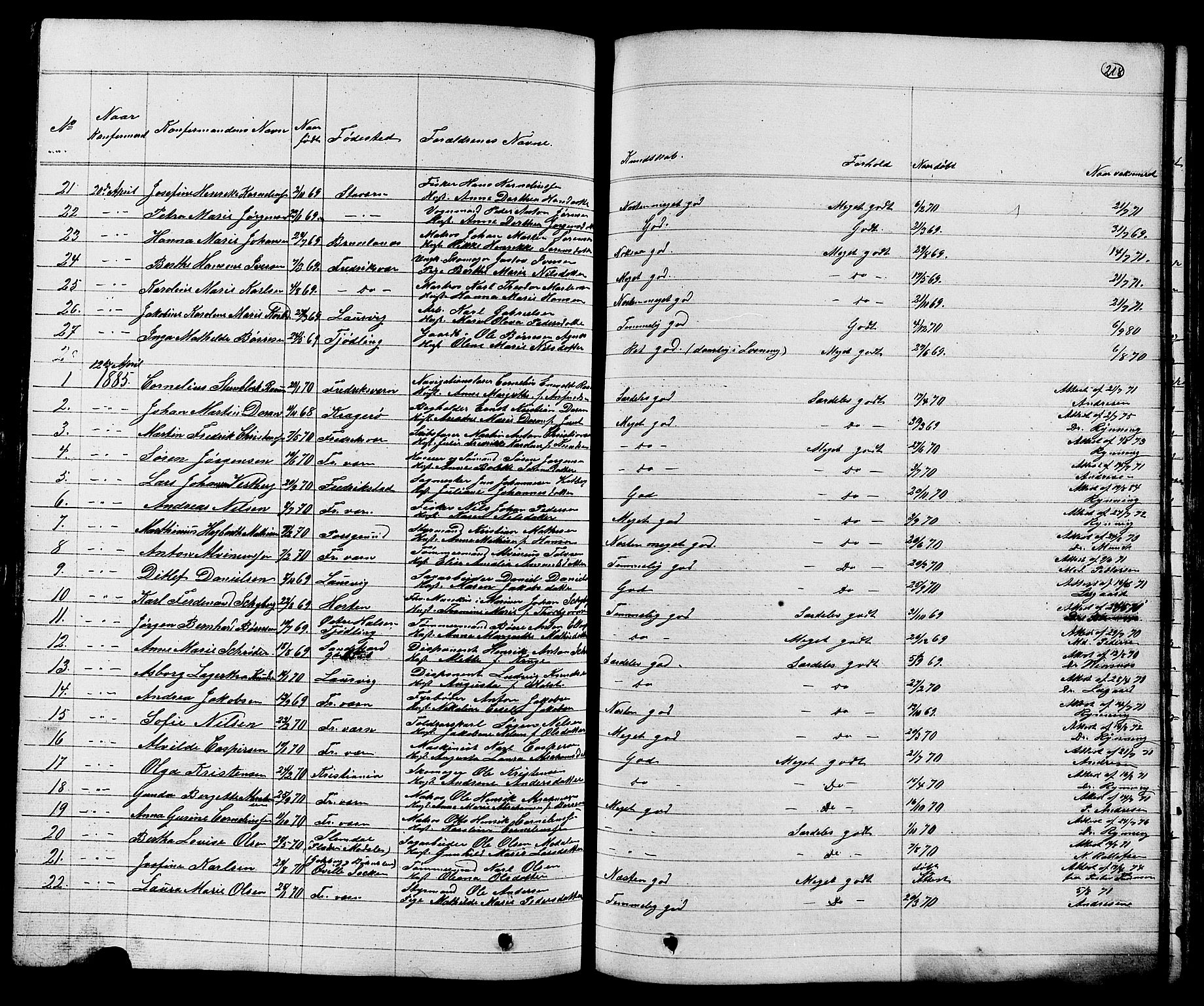 Stavern kirkebøker, SAKO/A-318/G/Ga/L0002: Parish register (copy) no. 2, 1839-1909, p. 218