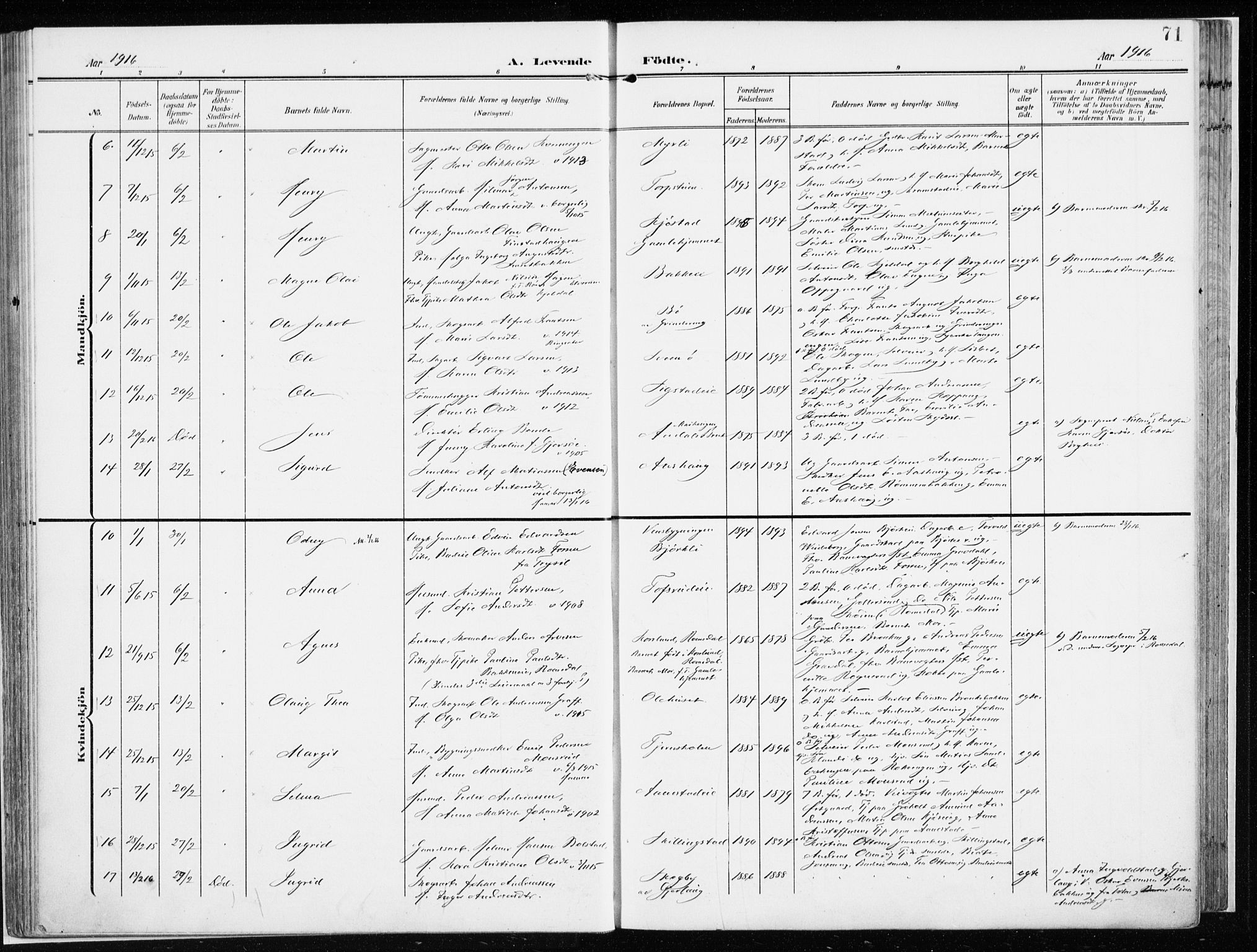 Løten prestekontor, AV/SAH-PREST-022/K/Ka/L0011: Parish register (official) no. 11, 1908-1917, p. 71