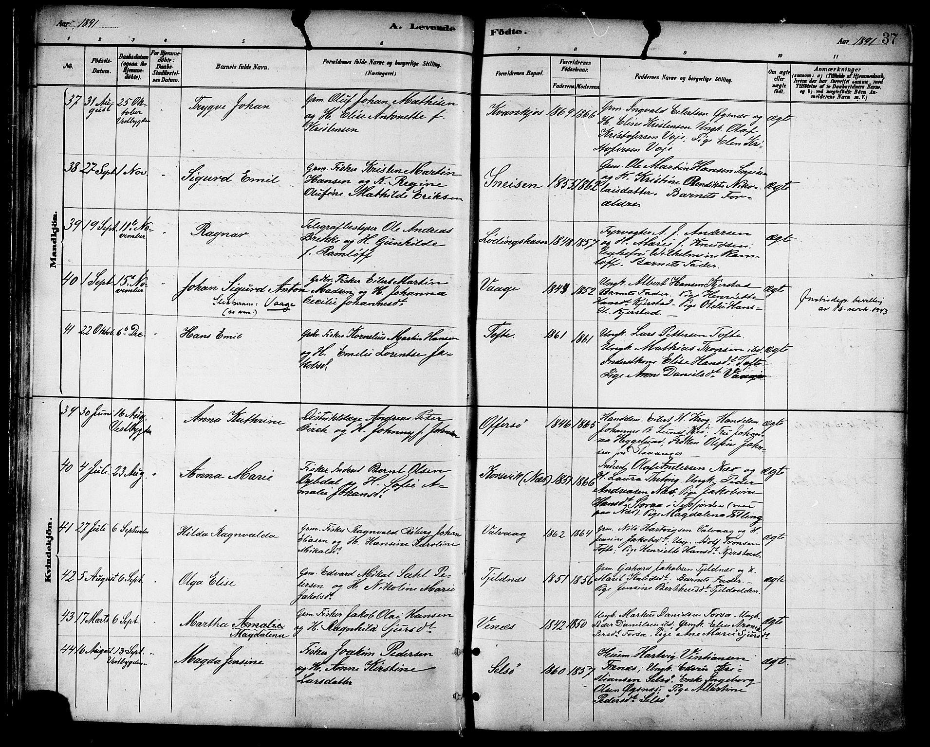 Ministerialprotokoller, klokkerbøker og fødselsregistre - Nordland, SAT/A-1459/872/L1035: Parish register (official) no. 872A10, 1884-1896, p. 37