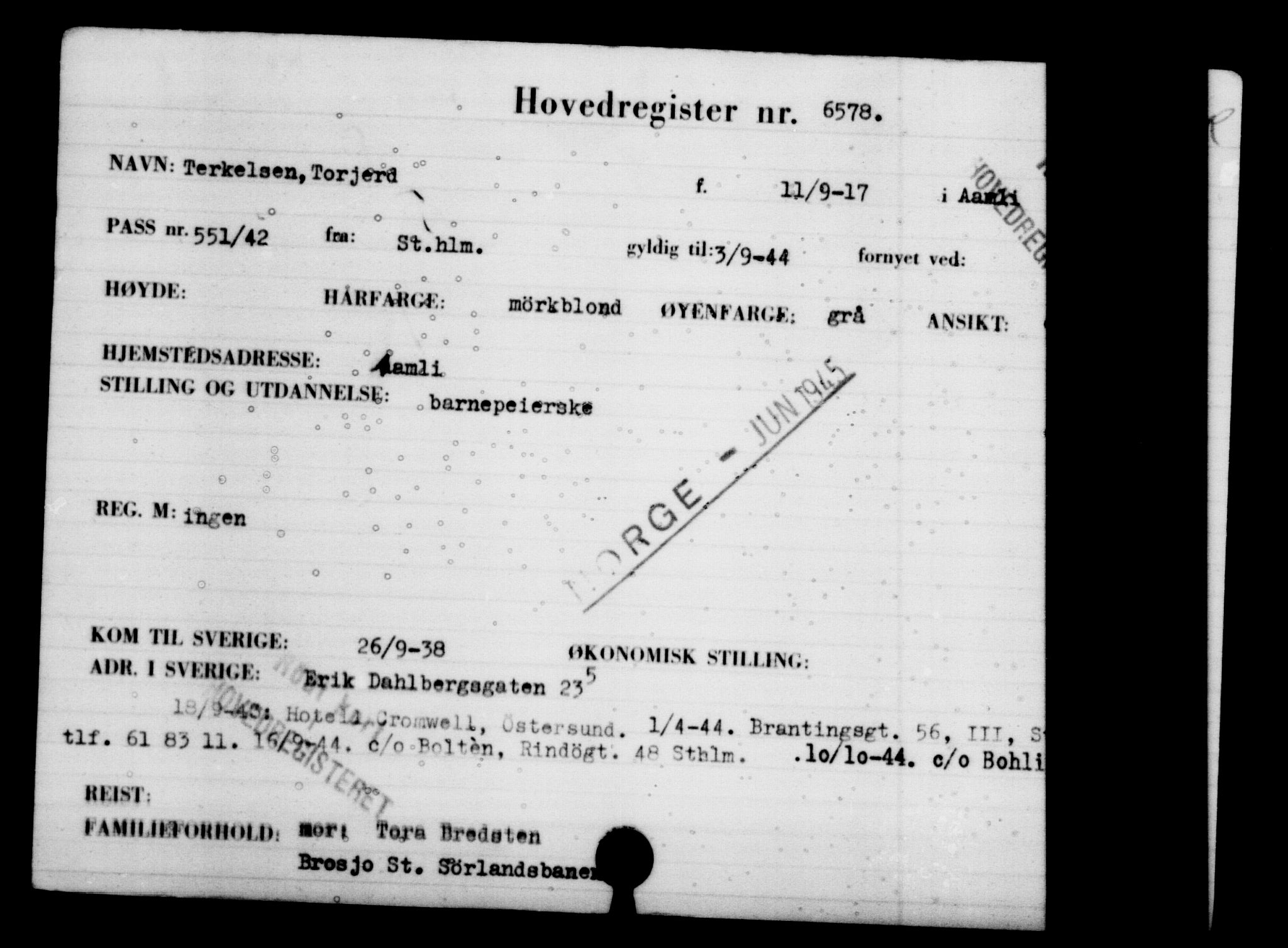 Utenriksstasjonene, Legasjonen i Stockholm, Flyktningkontoret, AV/RA-S-6753/V/Va/L0004: Kjesäterkartoteket, flyktninger med registreringsnr. 3496-6610, 1940-1945, p. 3643