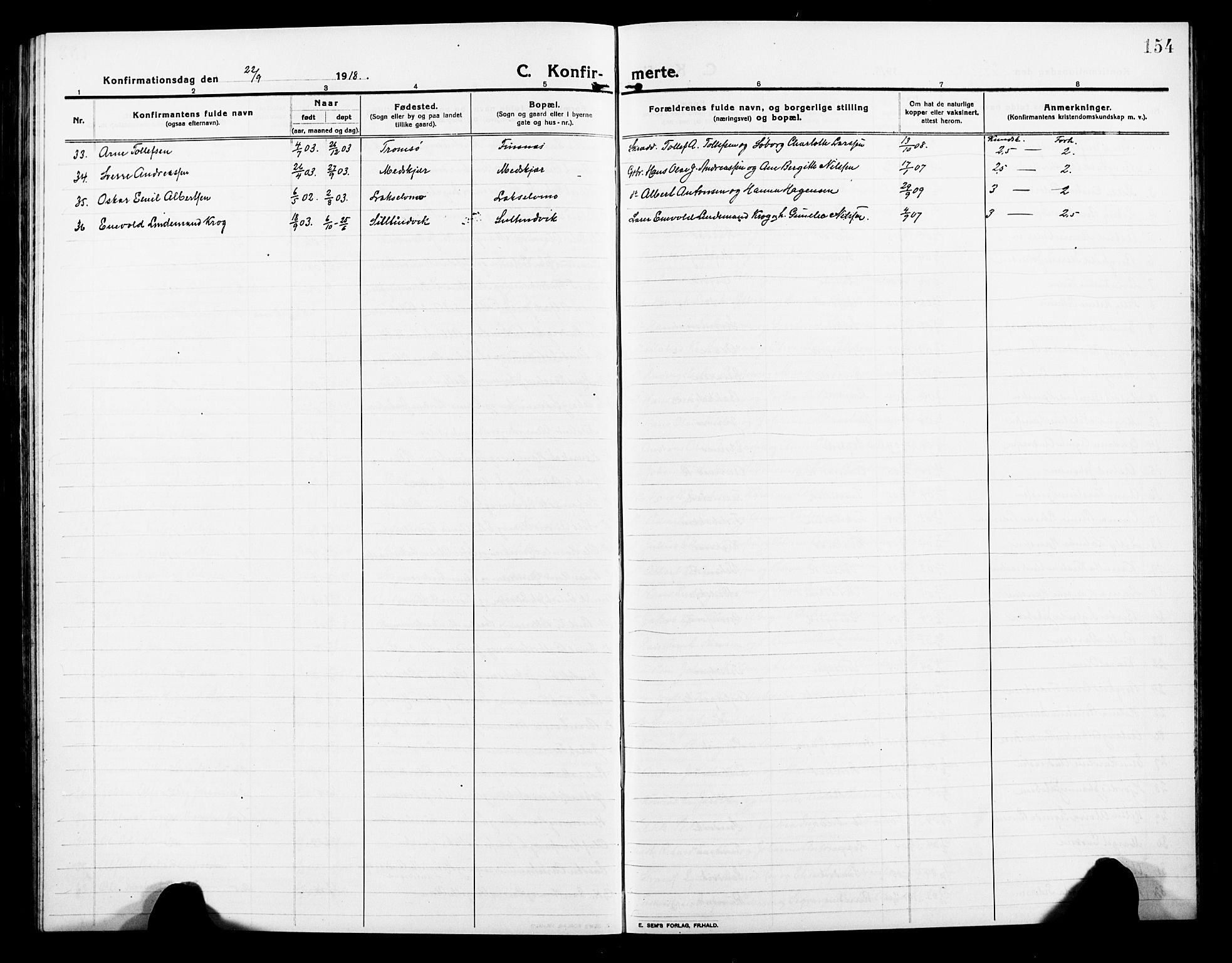 Lenvik sokneprestembete, SATØ/S-1310/H/Ha/Hab/L0009klokker: Parish register (copy) no. 9, 1912-1926, p. 154