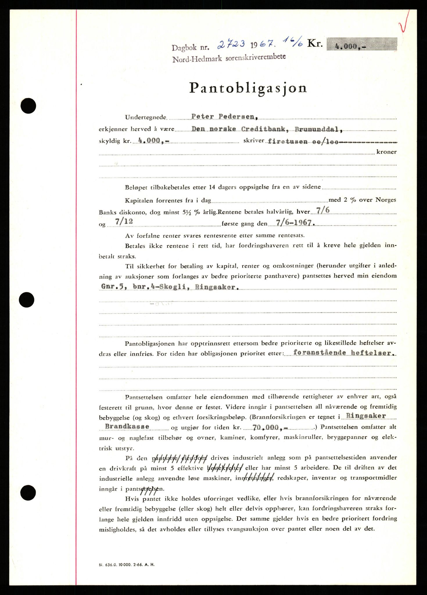 Nord-Hedmark sorenskriveri, SAH/TING-012/H/Hb/Hbf/L0071: Mortgage book no. B71, 1967-1967, Diary no: : 2723/1967