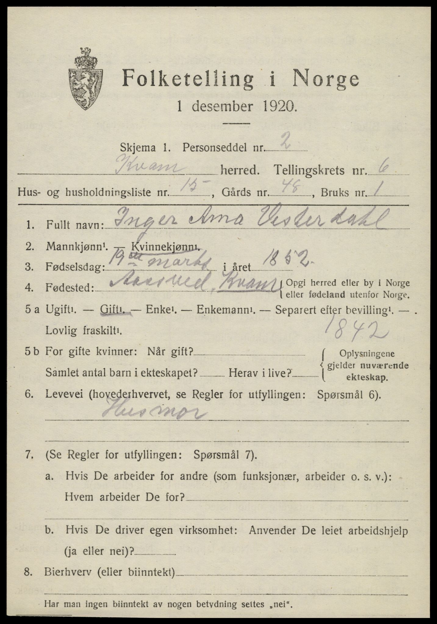 SAT, 1920 census for Kvam, 1920, p. 1795