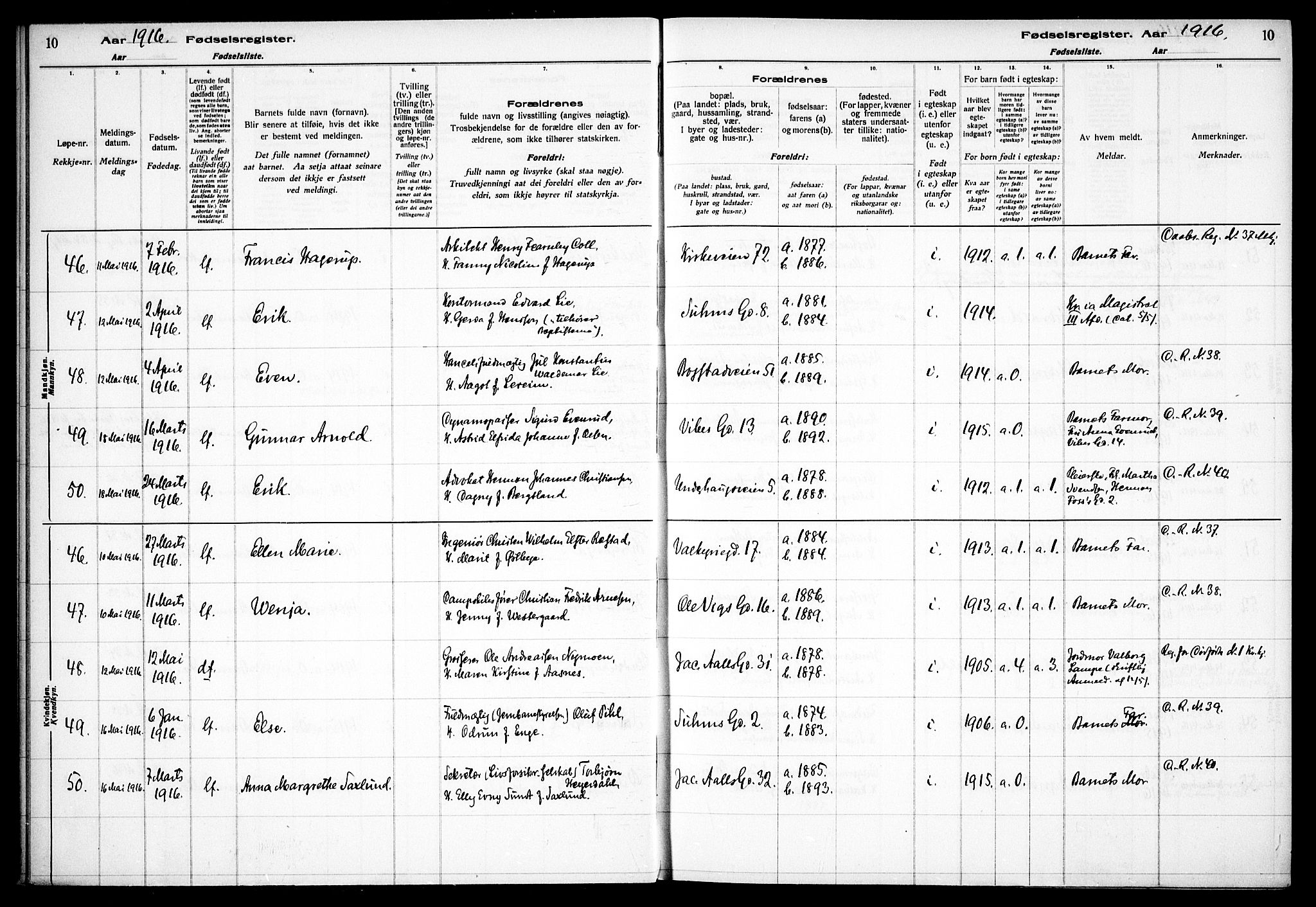 Fagerborg prestekontor Kirkebøker, SAO/A-10844/J/Ja/L0001: Birth register no. 1, 1916-1925, p. 10
