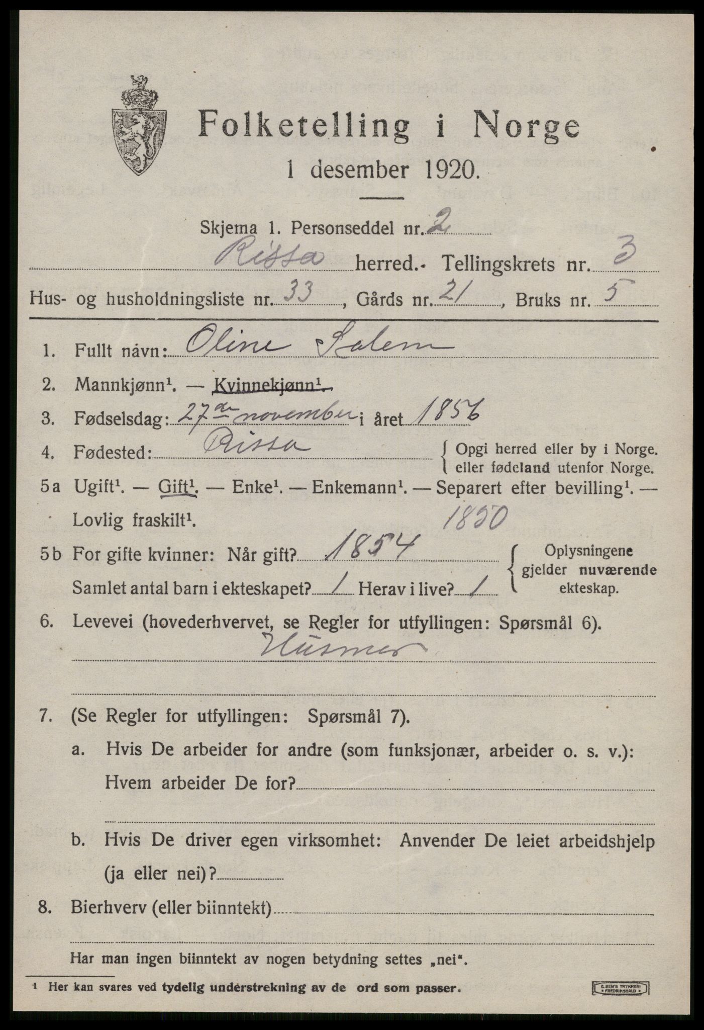 SAT, 1920 census for Rissa, 1920, p. 2923