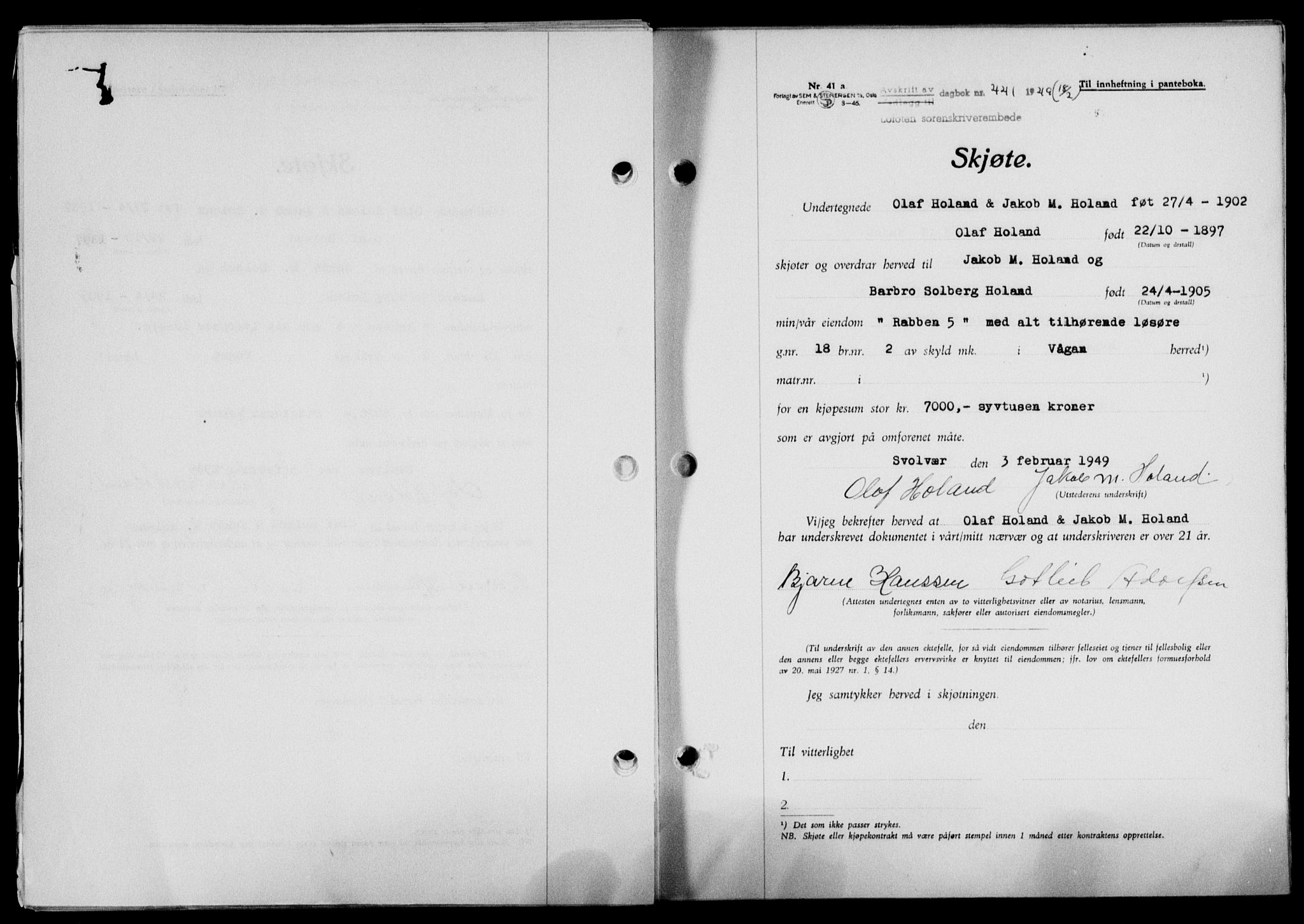 Lofoten sorenskriveri, SAT/A-0017/1/2/2C/L0020a: Mortgage book no. 20a, 1948-1949, Diary no: : 441/1949