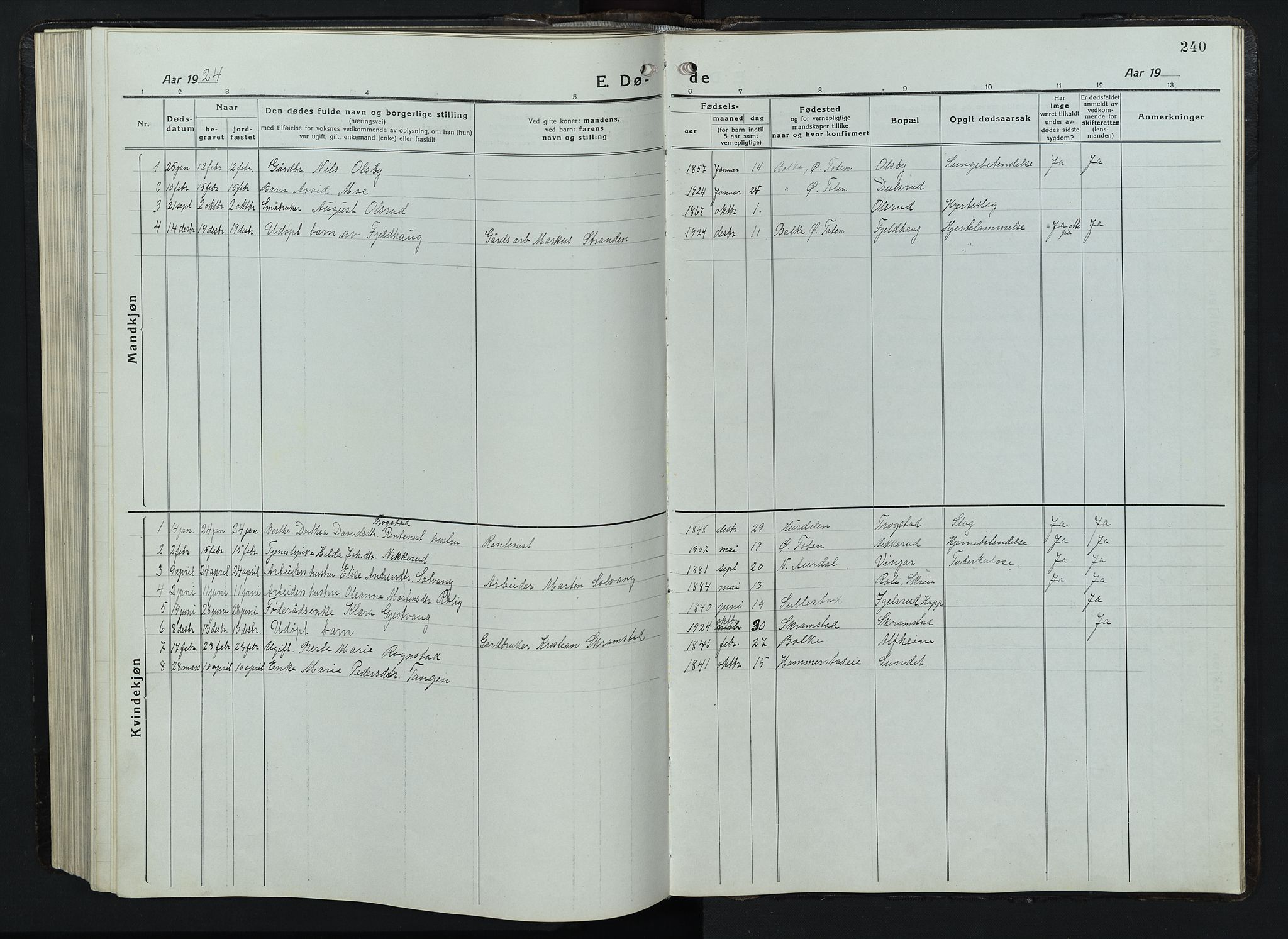 Balke prestekontor, SAH/PREST-106/H/Ha/Hab/L0001: Parish register (copy) no. 1, 1920-1955, p. 240