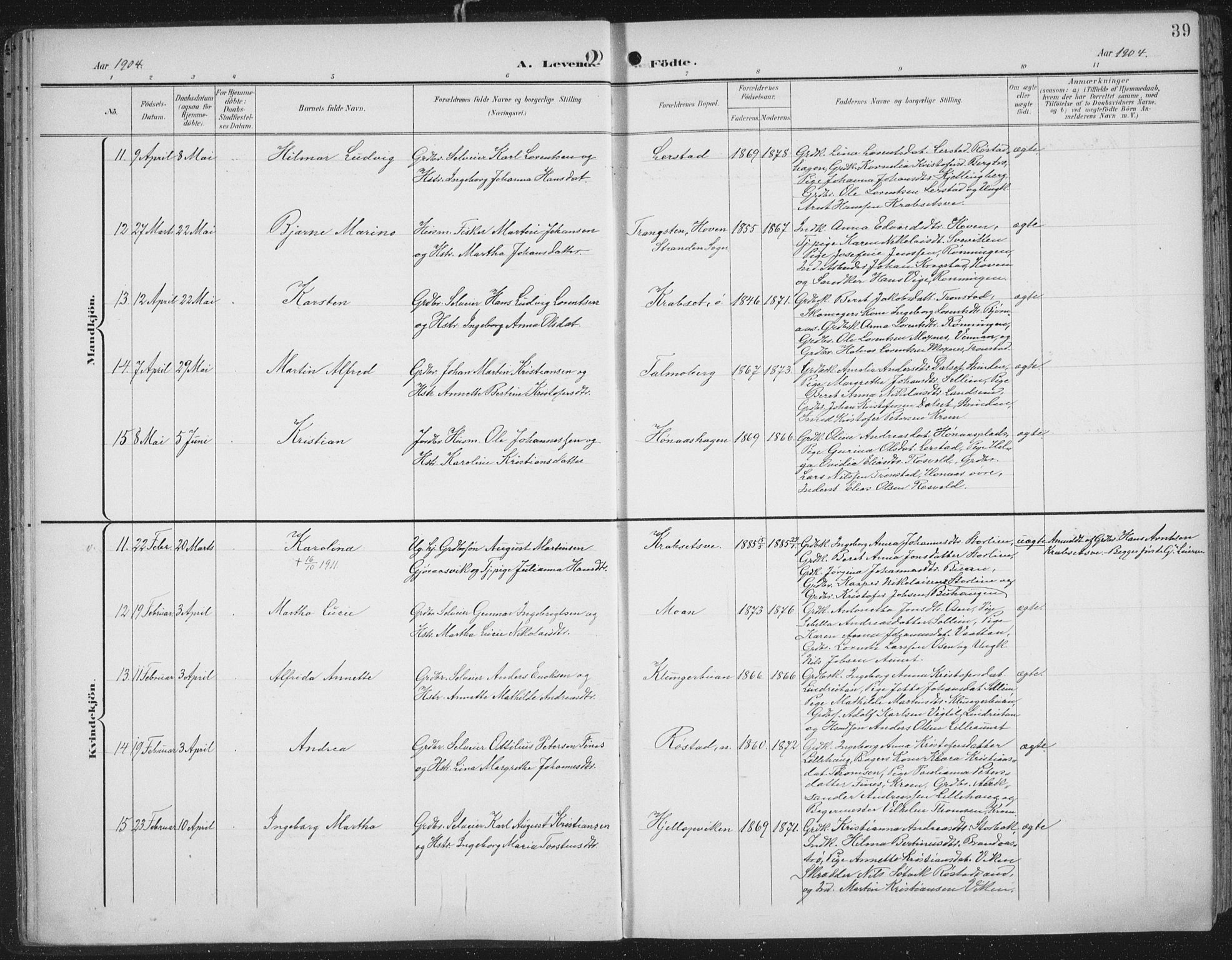 Ministerialprotokoller, klokkerbøker og fødselsregistre - Nord-Trøndelag, AV/SAT-A-1458/701/L0011: Parish register (official) no. 701A11, 1899-1915, p. 39