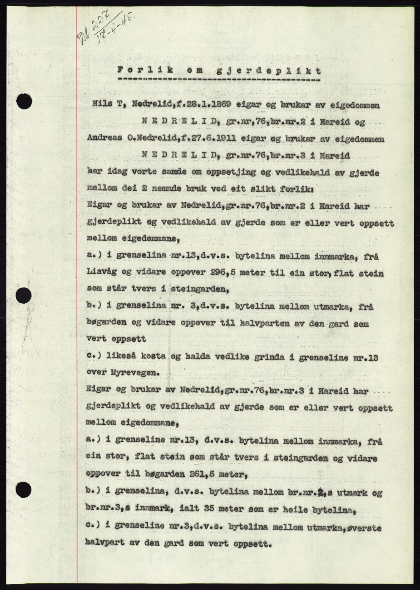 Søre Sunnmøre sorenskriveri, AV/SAT-A-4122/1/2/2C/L0077: Mortgage book no. 3A, 1945-1946, Diary no: : 227/1945