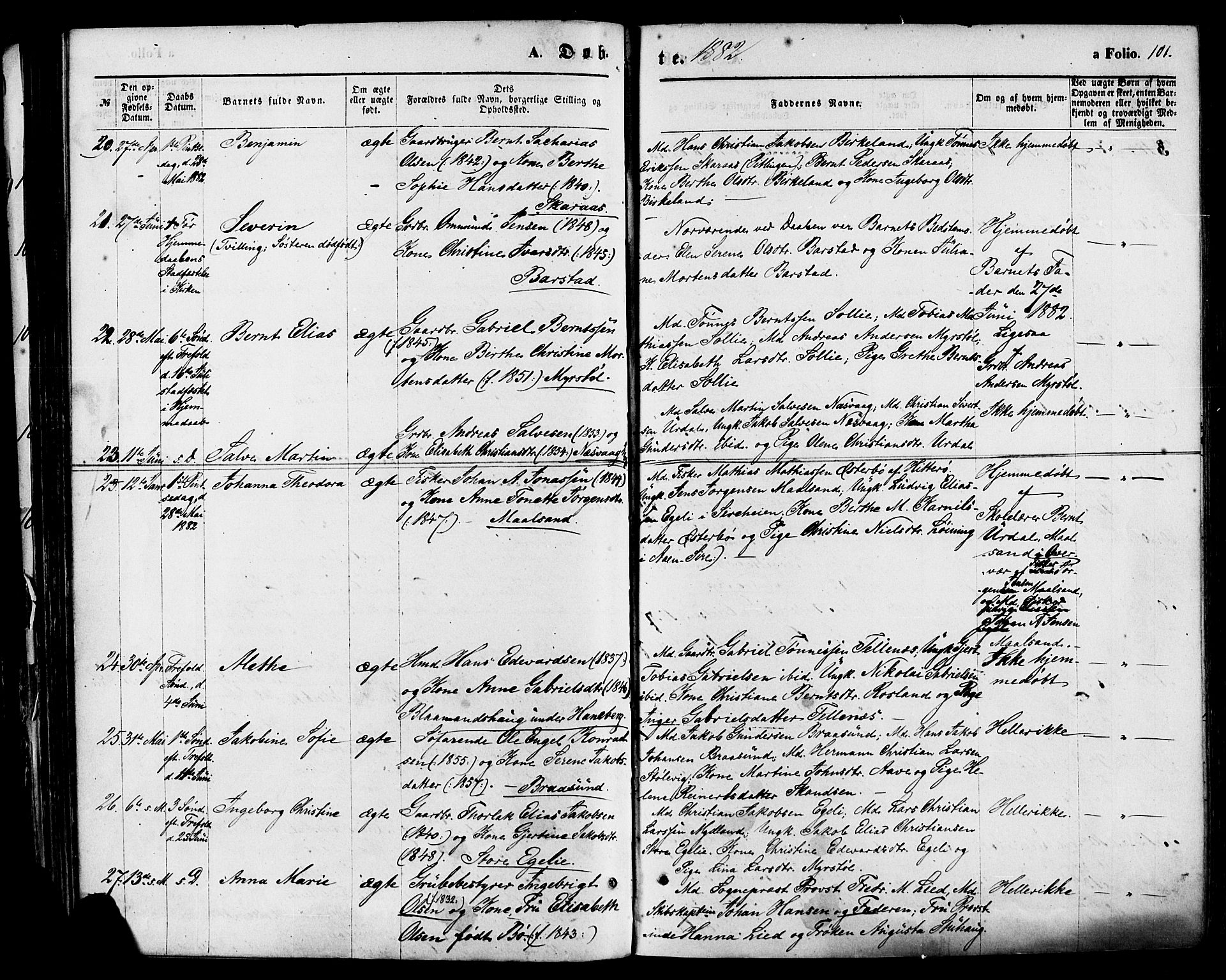 Sokndal sokneprestkontor, AV/SAST-A-101808: Parish register (official) no. A 10, 1874-1886, p. 101