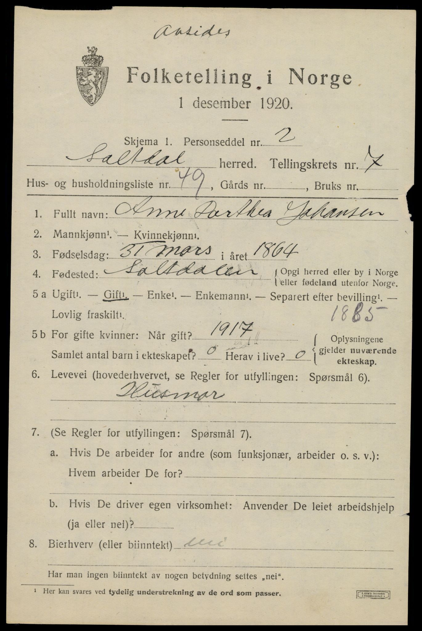 SAT, 1920 census for Saltdal, 1920, p. 8511