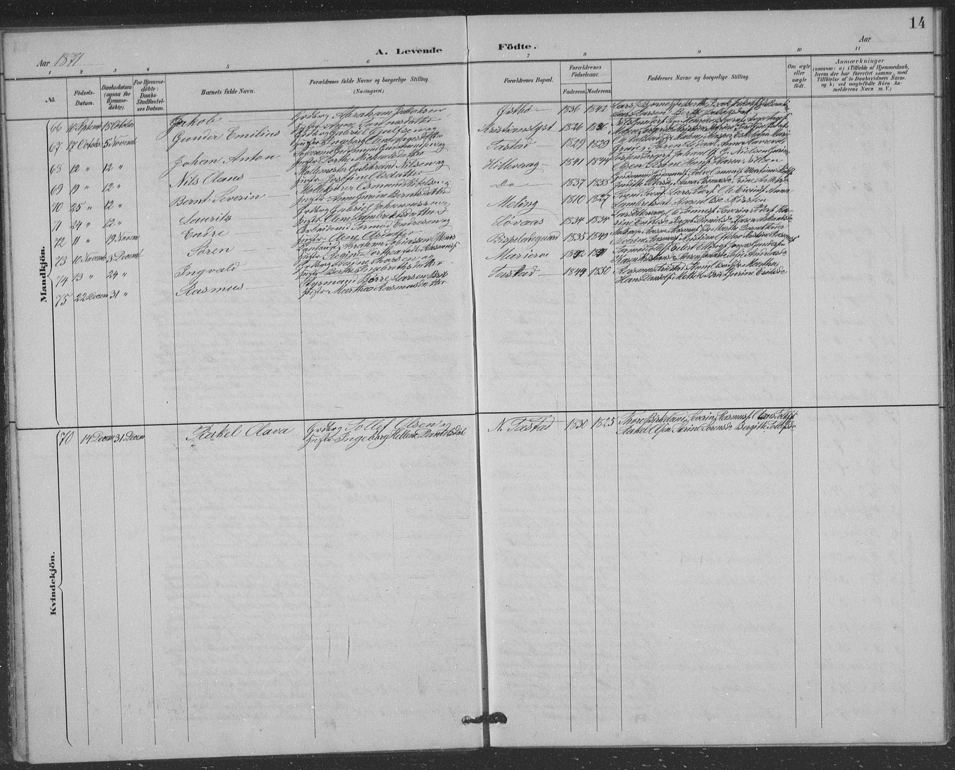 Hetland sokneprestkontor, AV/SAST-A-101826/30/30BB/L0004: Parish register (copy) no. B 4, 1869-1877, p. 14