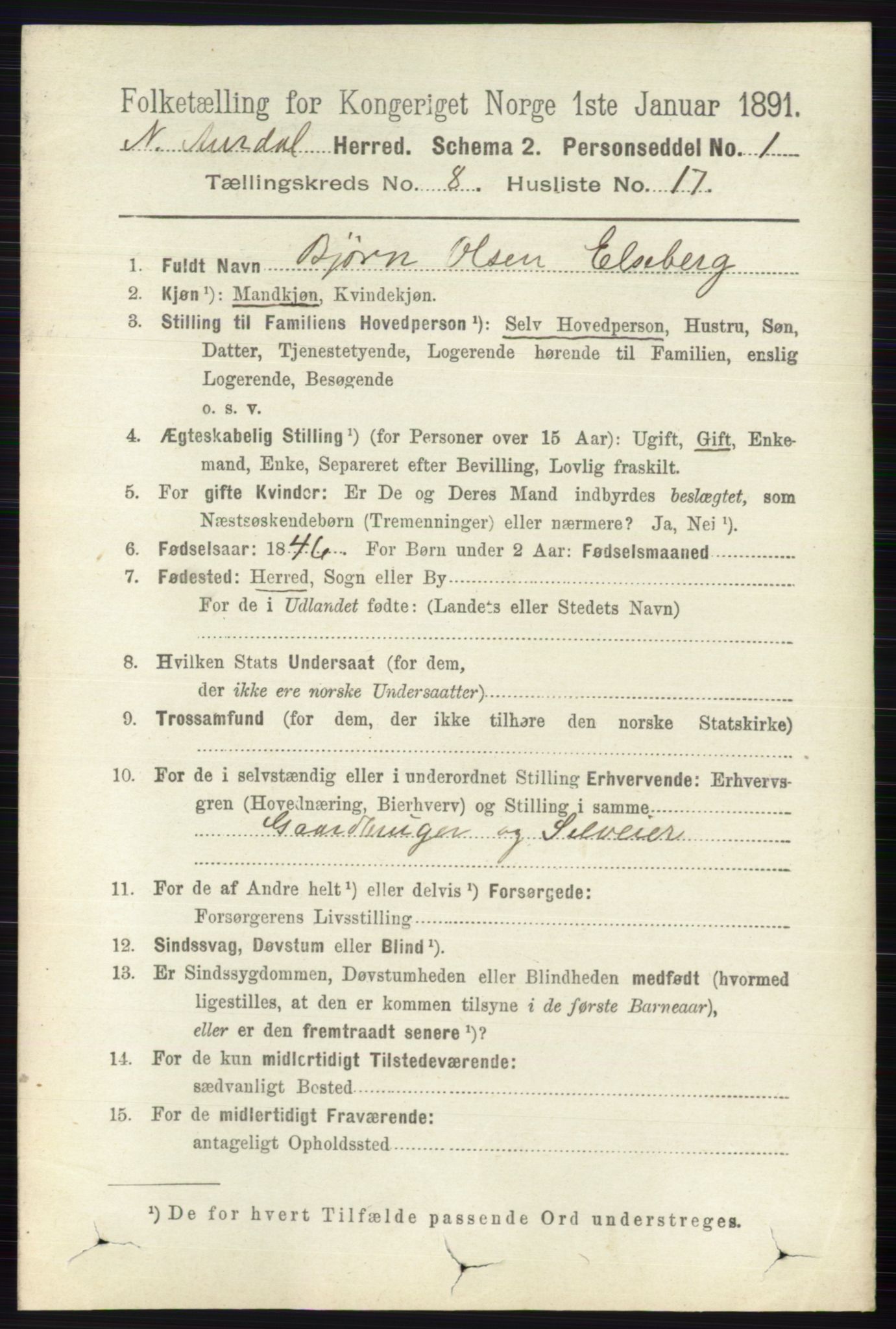 RA, 1891 census for 0542 Nord-Aurdal, 1891, p. 2902