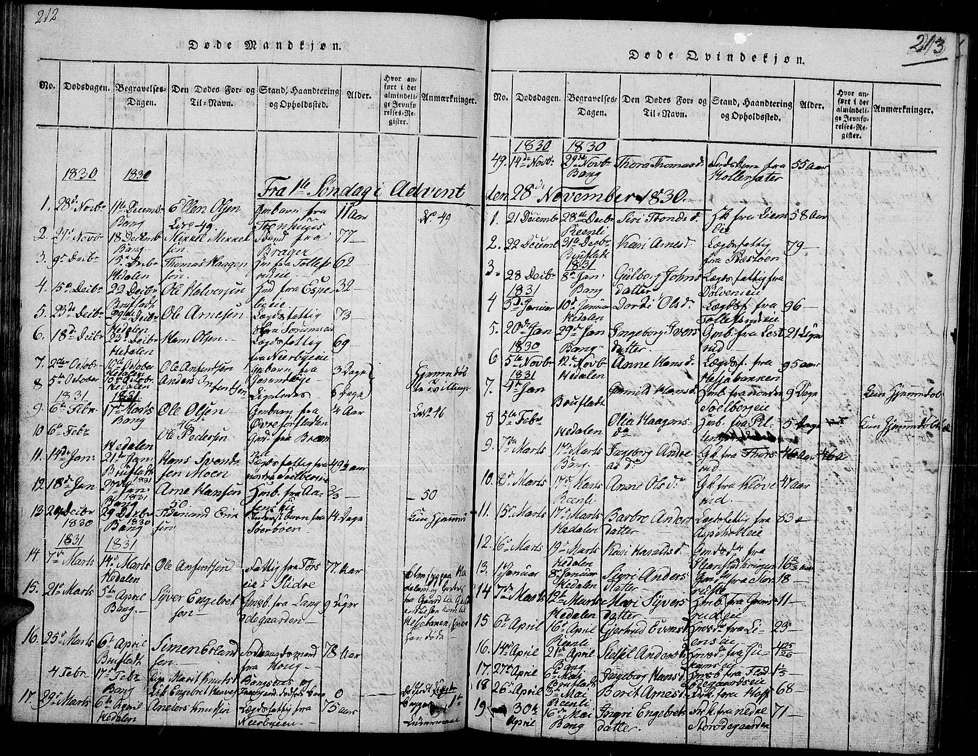 Sør-Aurdal prestekontor, SAH/PREST-128/H/Ha/Hab/L0002: Parish register (copy) no. 2, 1826-1840, p. 212-213