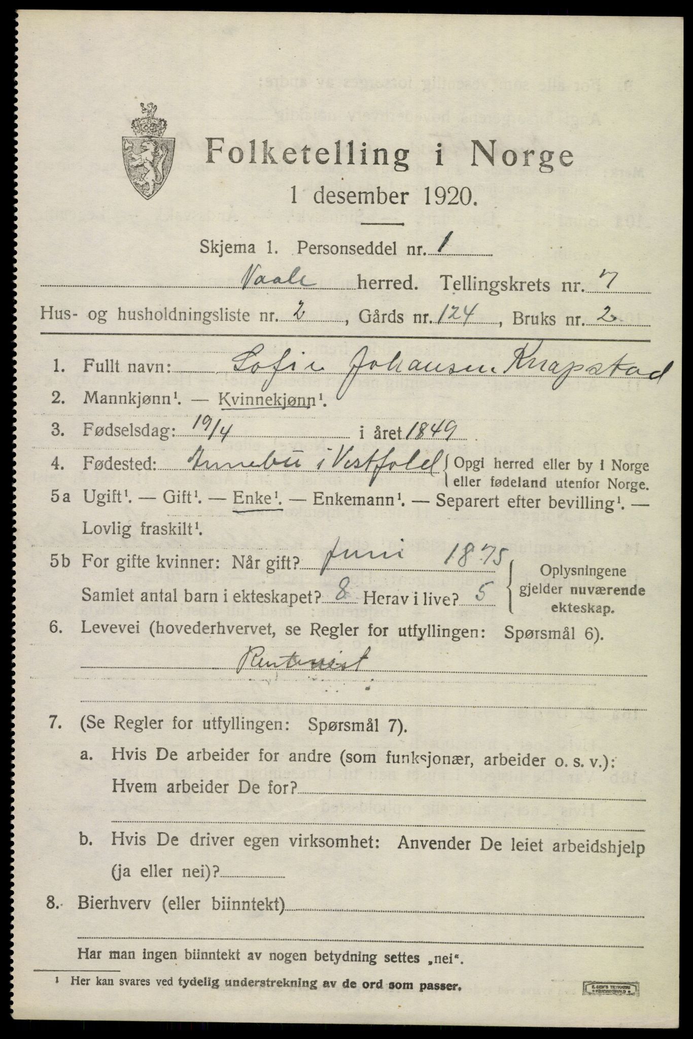 SAKO, 1920 census for Våle, 1920, p. 5518