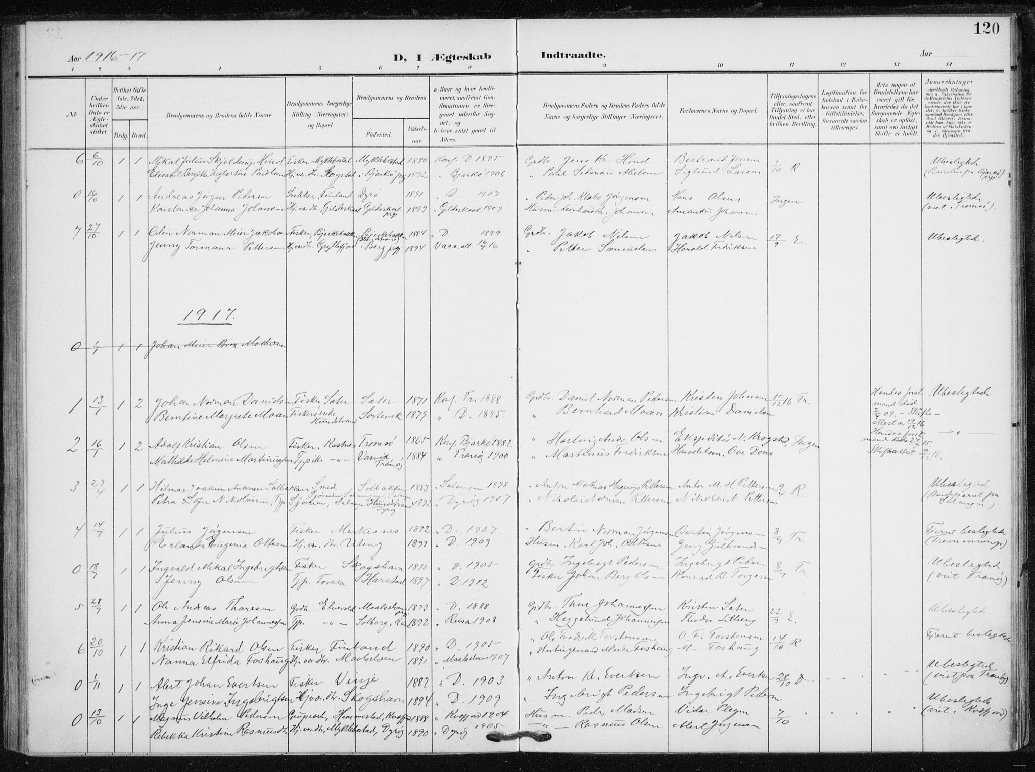 Tranøy sokneprestkontor, SATØ/S-1313/I/Ia/Iaa/L0013kirke: Parish register (official) no. 13, 1905-1922, p. 120