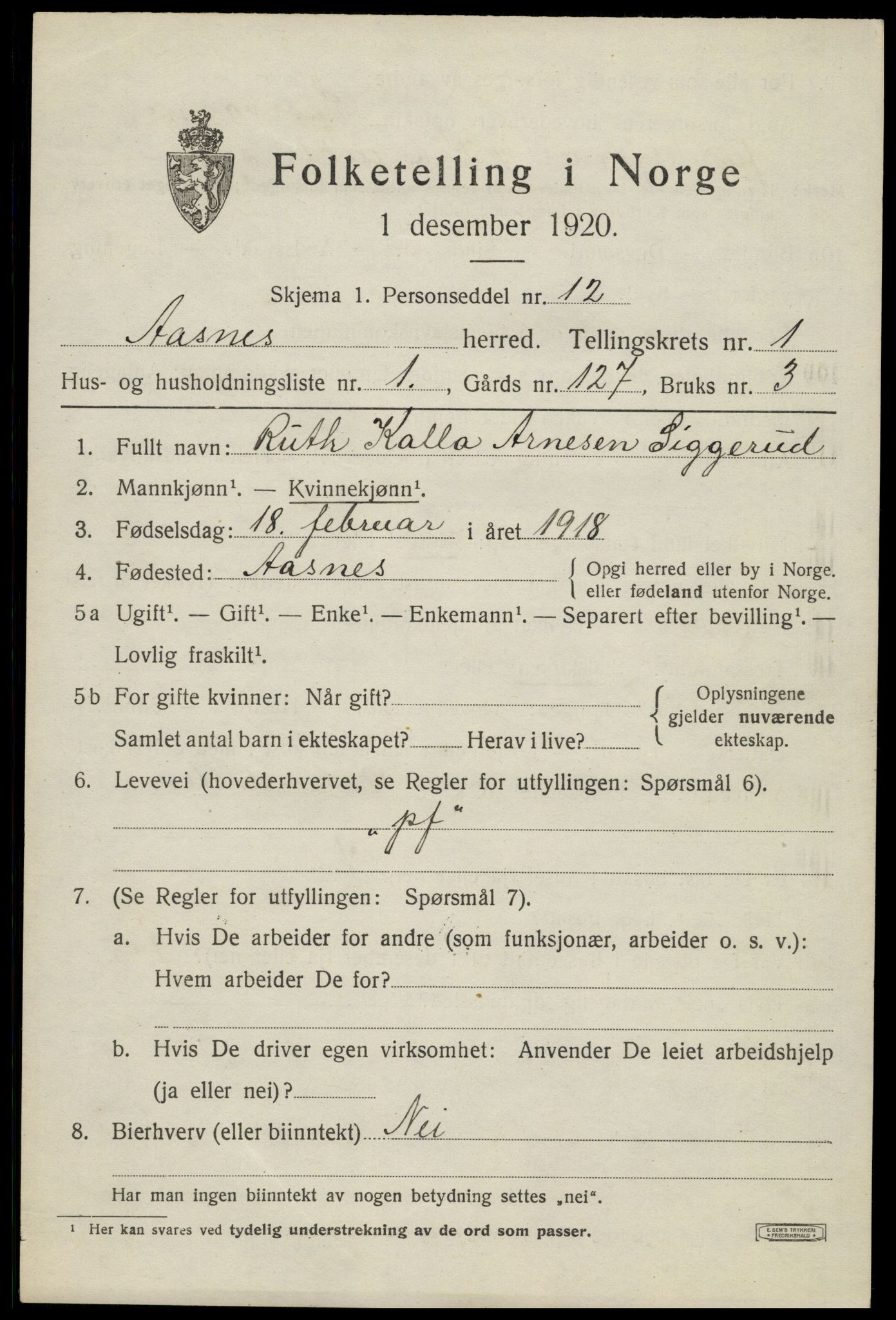 SAH, 1920 census for Åsnes, 1920, p. 2156