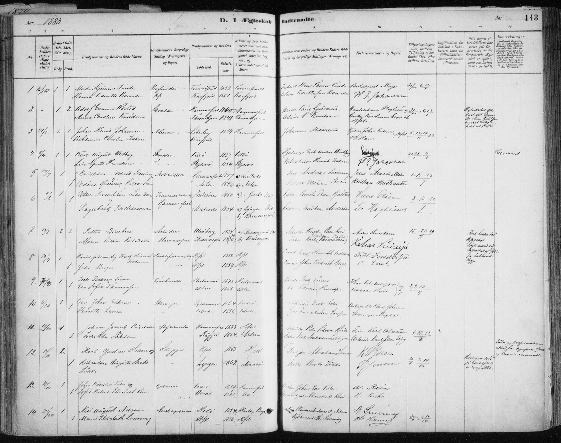 Hammerfest sokneprestkontor, SATØ/S-1347/H/Ha/L0008.kirke: Parish register (official) no. 8, 1878-1889, p. 143