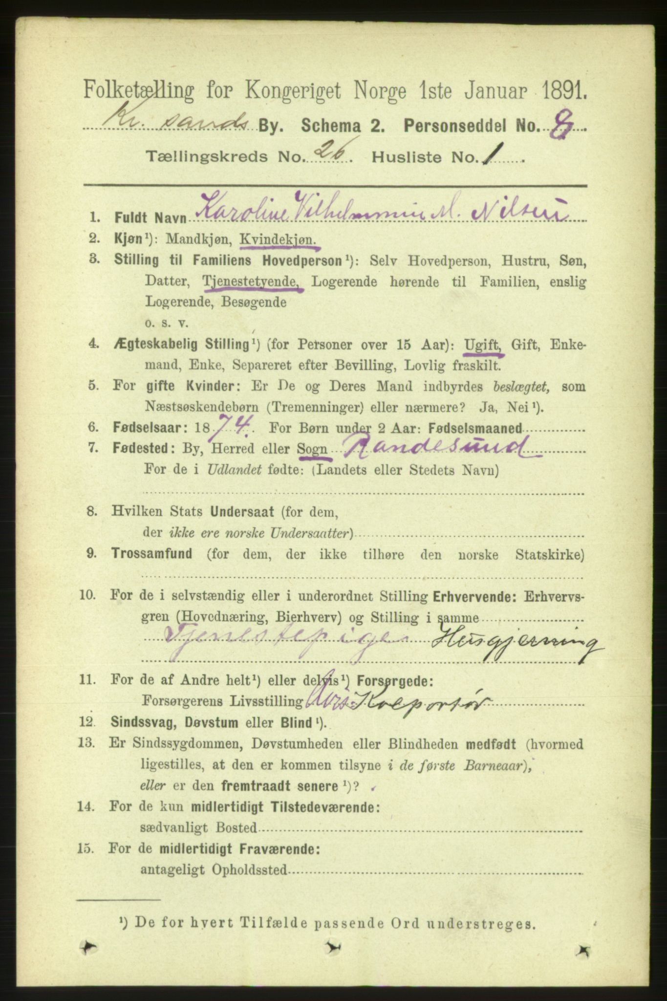 RA, 1891 census for 1001 Kristiansand, 1891, p. 8886