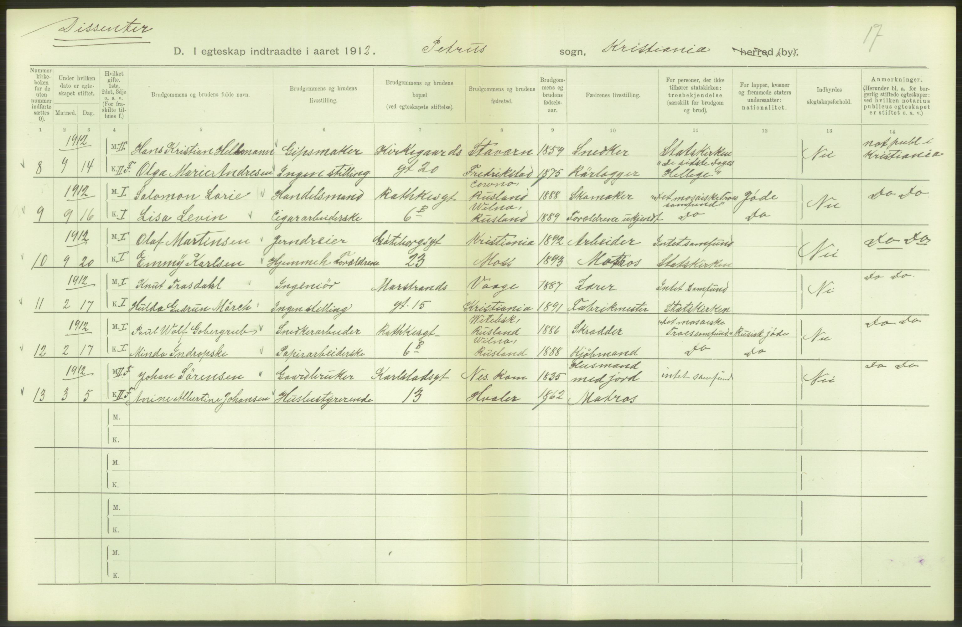 Statistisk sentralbyrå, Sosiodemografiske emner, Befolkning, RA/S-2228/D/Df/Dfb/Dfbb/L0008: Kristiania: Gifte, 1912, p. 364